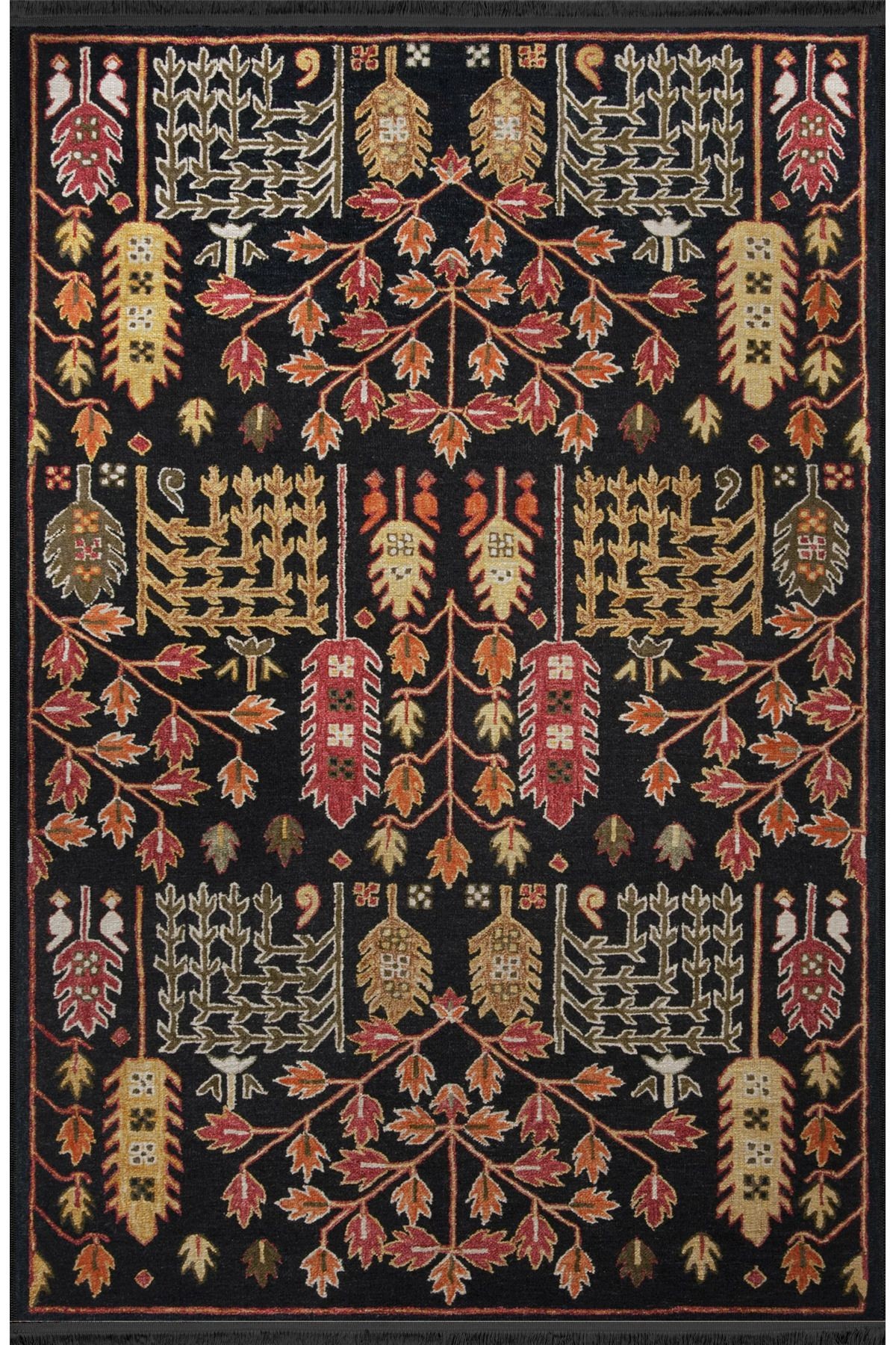 Siyah Temalı Çok Renkli Çiçek Motifli Etnik Desenli Kreatif Vintage Dekoratif Halı 2771