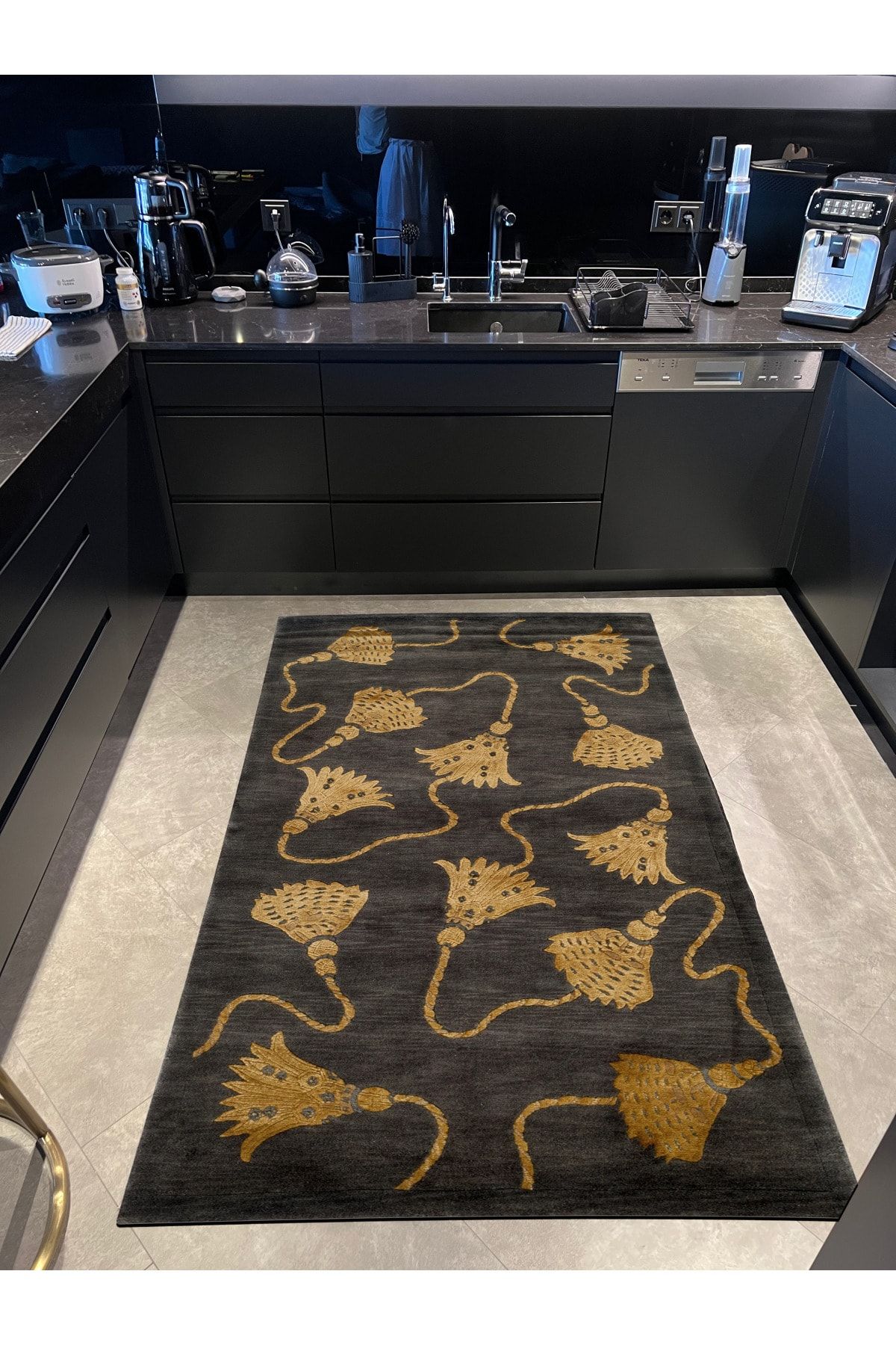 Mira 1229 Antrasit Püskül Desenli Baskılı Dokuma Taban Halı