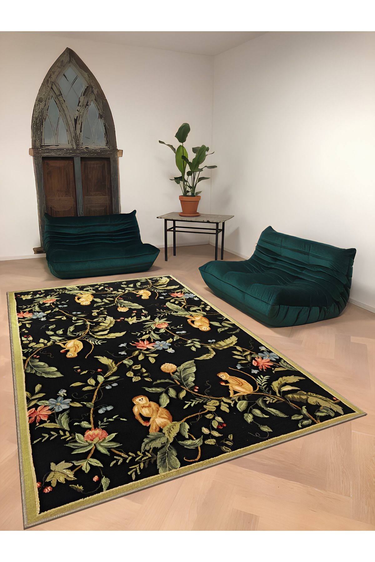 Siyah Temalı Çok Renkli Çiçek Desenli Modern Dekoratif Halı 1695