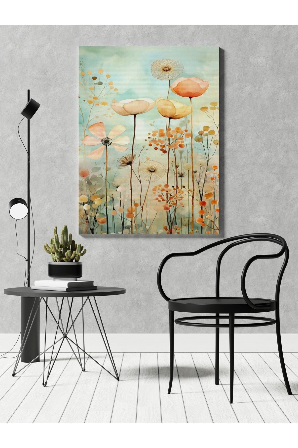 Kanvas Tablo Hasır Tonlarda Uzun Floral Temalı Modern Tablo