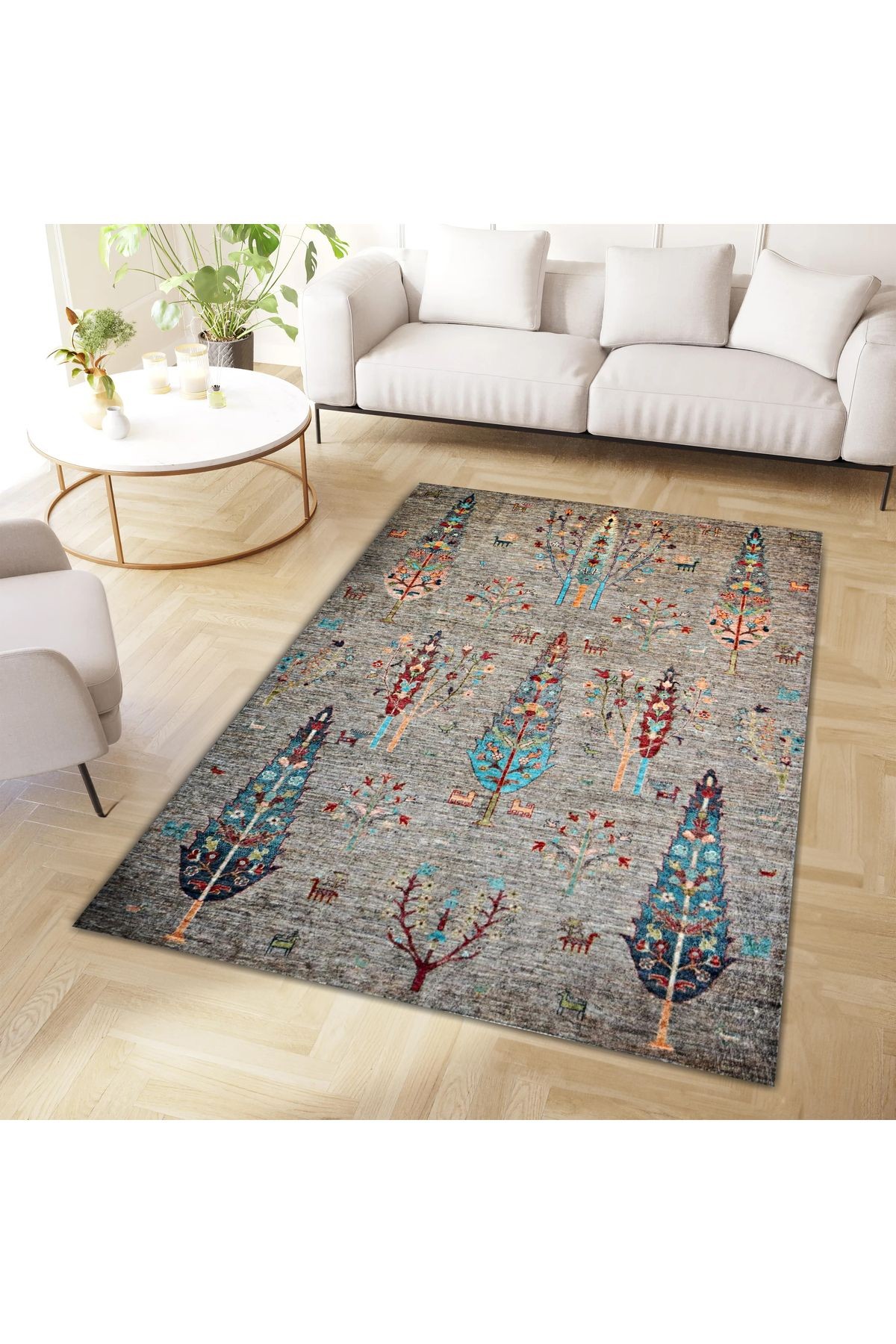 Mete Koleksiyonu Gri Temalı Çam Ağaçları Desenli Kreatif Modern Dekoratif Halı 30