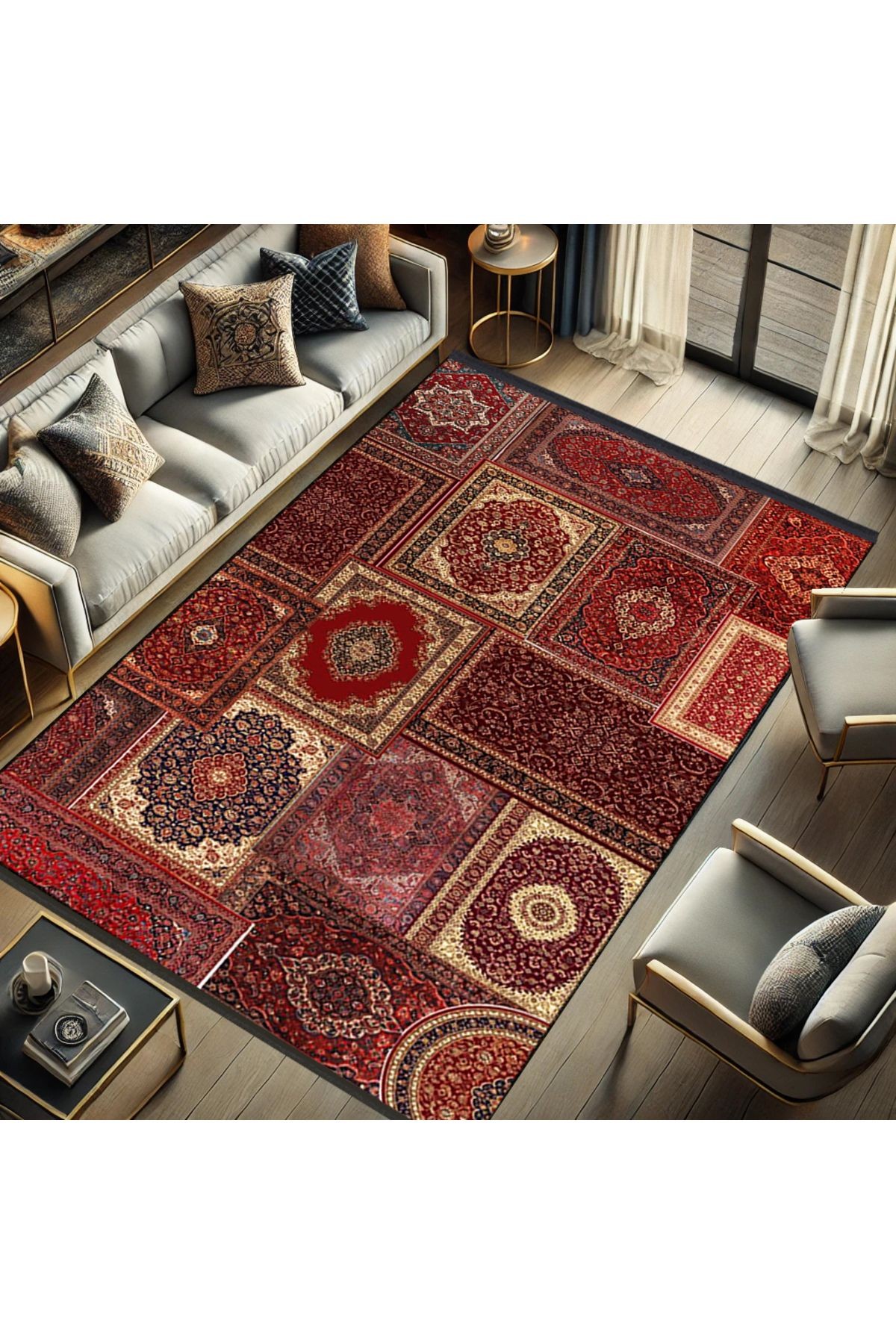 Kuvars Koleksiyonu Kırmızı Vintage Motifler Desenli Dokuma Taban Etnik Dekoratif Halı kuvars30