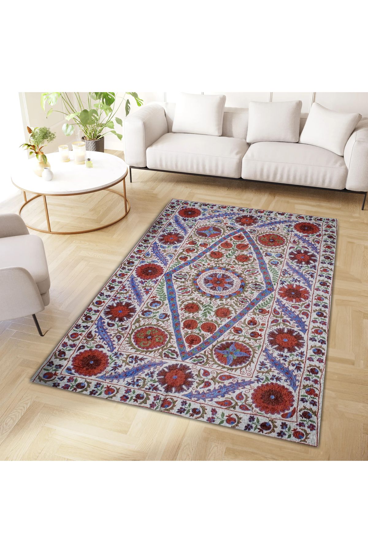 Mete Koleksiyonu Çok Renkli Floral Çiçek Motifleri Desenli Vintage Dekoratif Halı 42