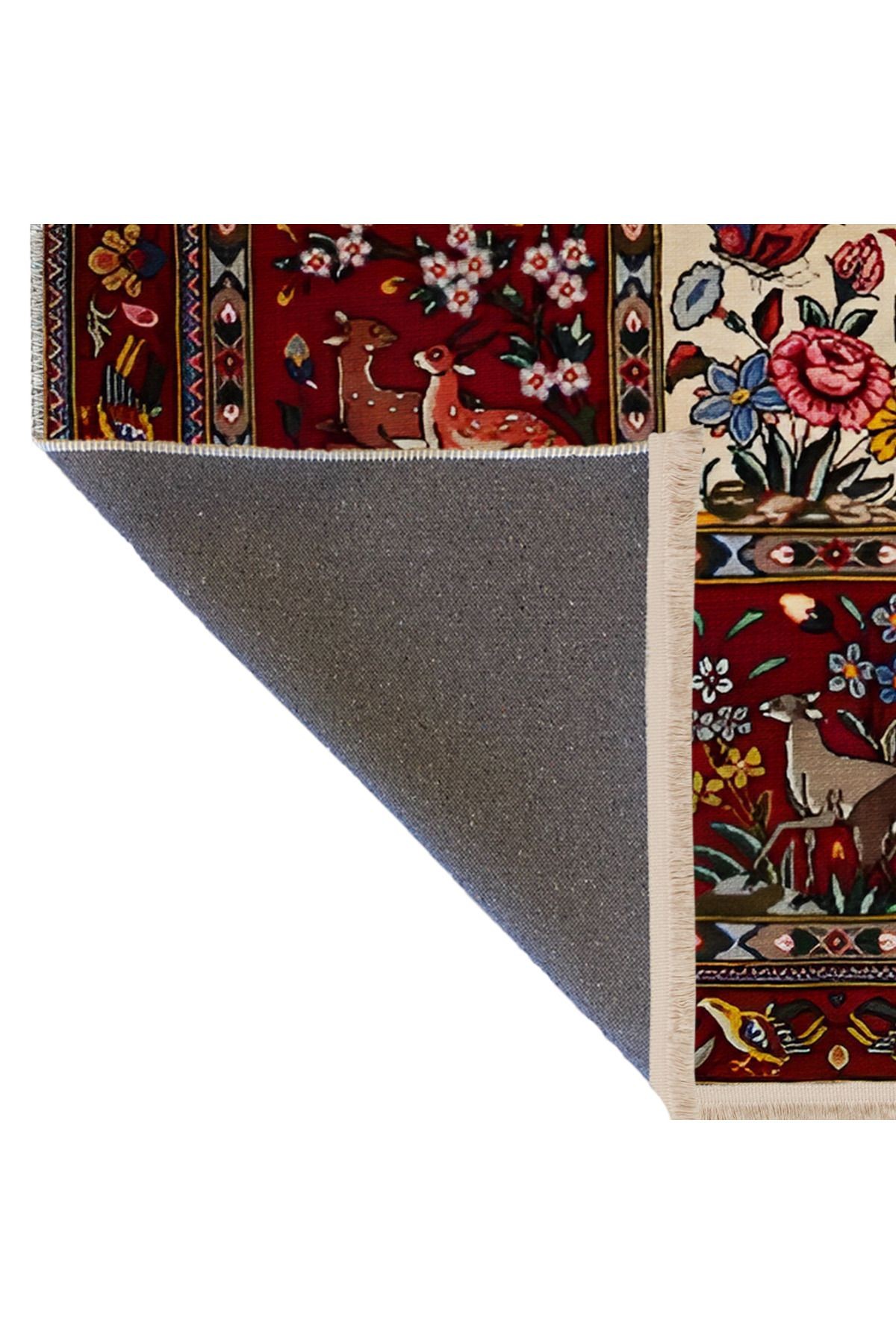 Bordo Temalı Çok Renkli Kare Bölme Geleneksel Çiçek Motif Desenli Vintage Dekoratif Halı 1947