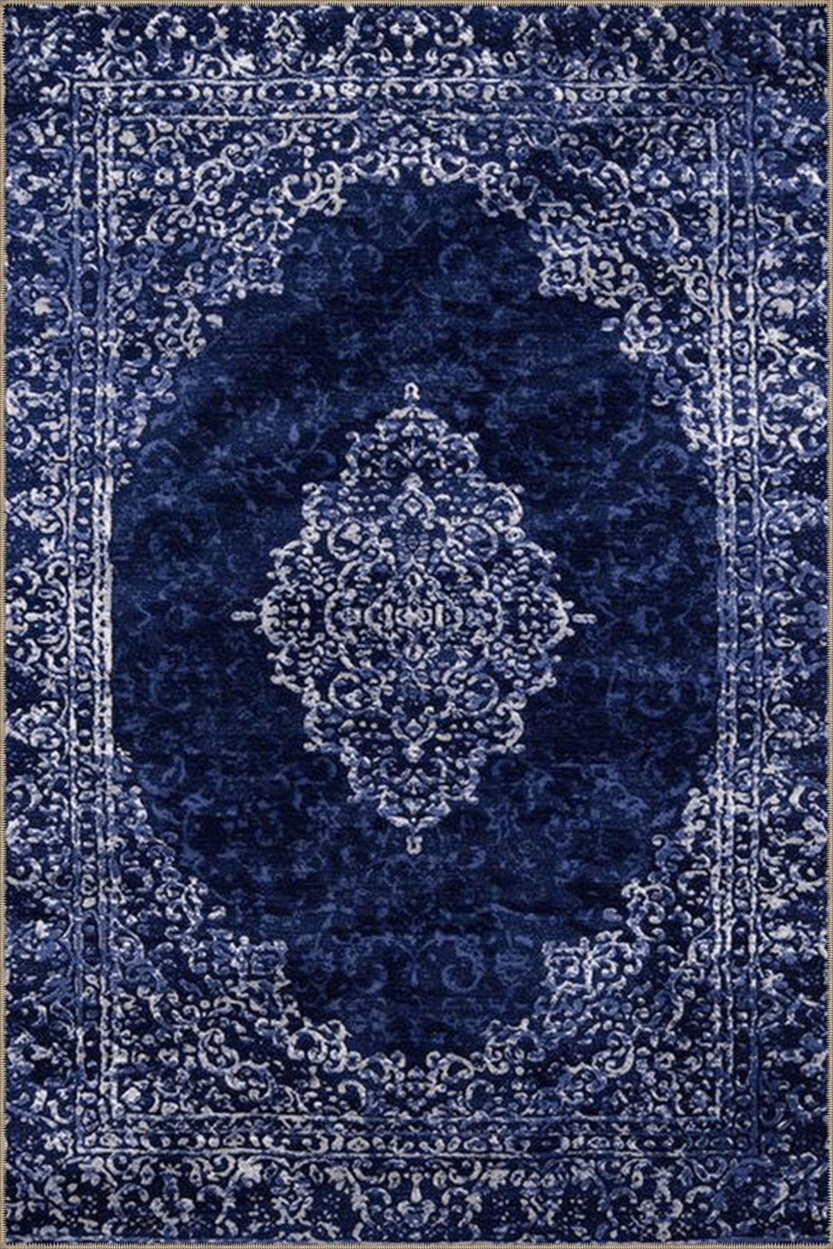 Lacivert Temalı Geleneksel Motif Desenli Vintage Dekoratif Halı 4966