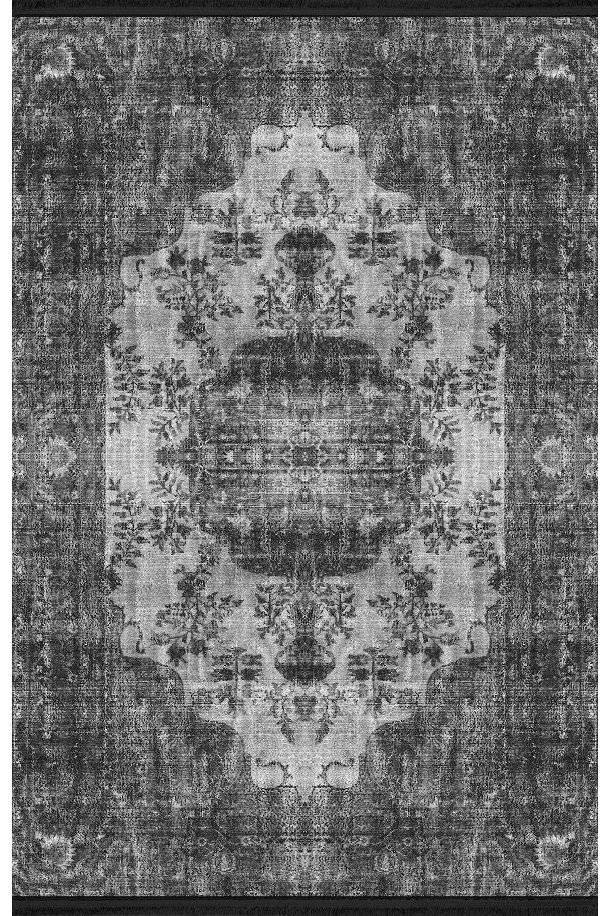 Mira Koyu Ton Gri Temalı Geleneksel Motif Etnik Desenli Vintage Dekoratif Halı Mira 1608