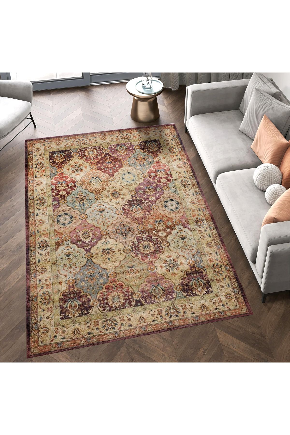 Kuzey Koleksiyonu Turuncu Bej Etnik Desenli Dokuma Taban Dekoratif Halı kuzey10