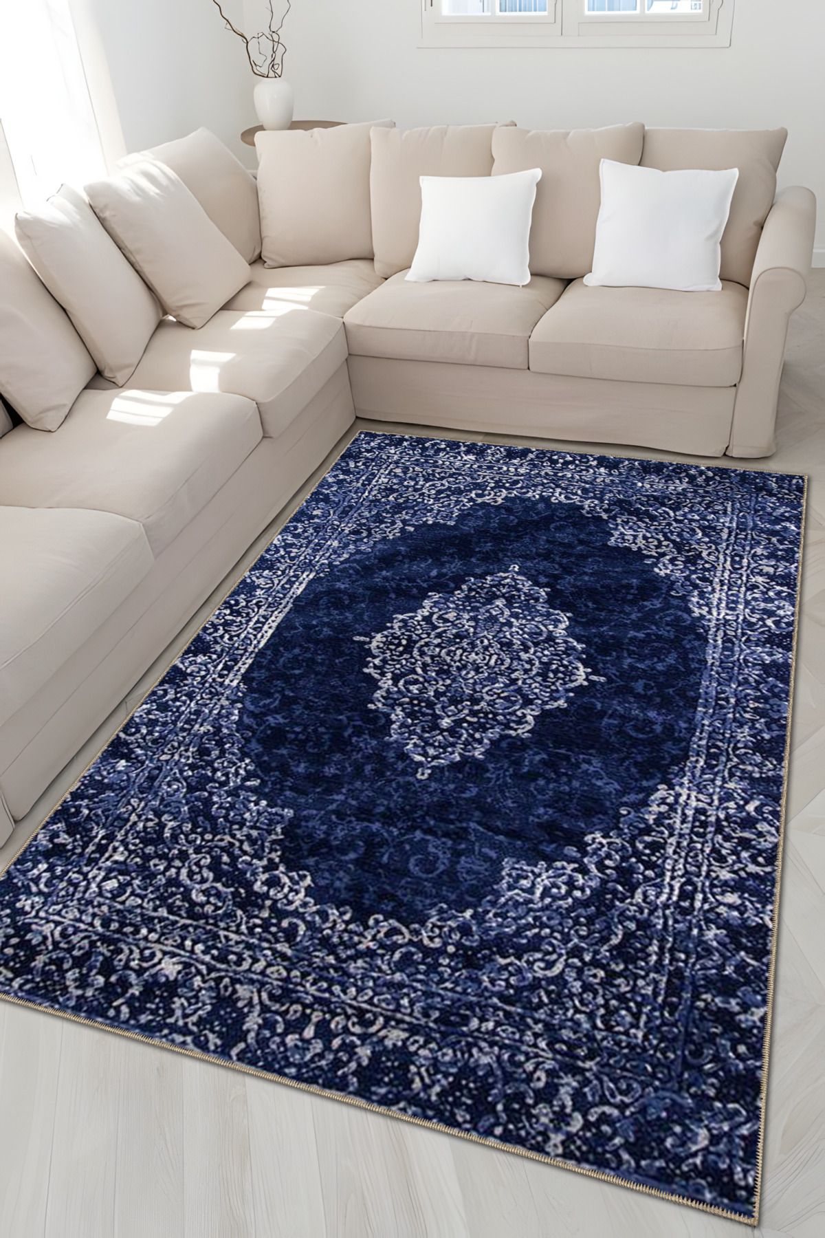 Lacivert Temalı Geleneksel Motif Desenli Vintage Dekoratif Halı 4966