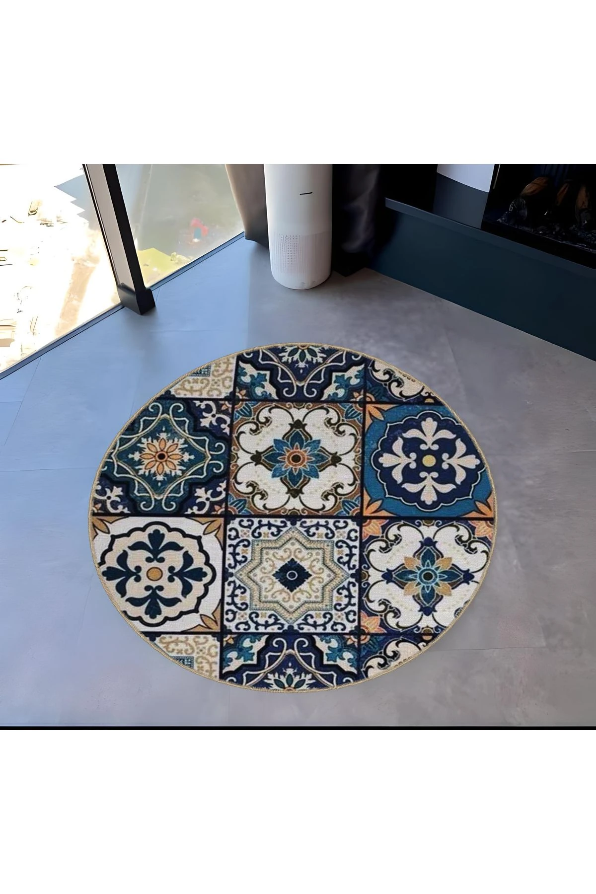 Mira Yuvarlak Mavi Tonlarda Antik Çini Deseni Detaylı Dekoratif Halı 5528