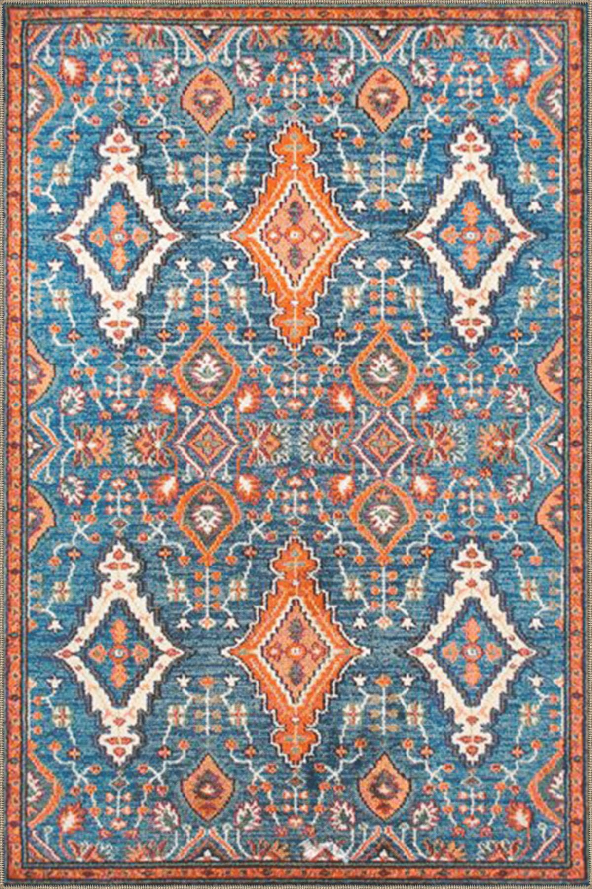 Mavi Bej Temalı Geleneksel Motif Etnik Desenli Vintage Dekoratif Halı 3636