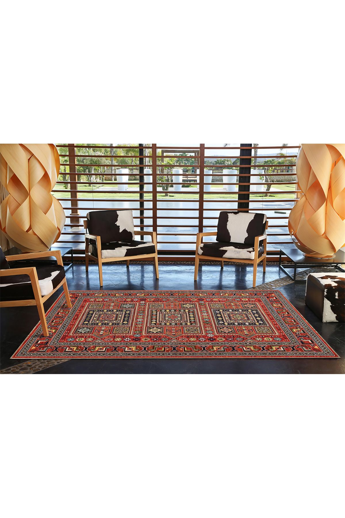 Kırmızı Temalı Çok Renkli Motifli Etnik Figür Desenli Vintage Dekoratif Halı 4562