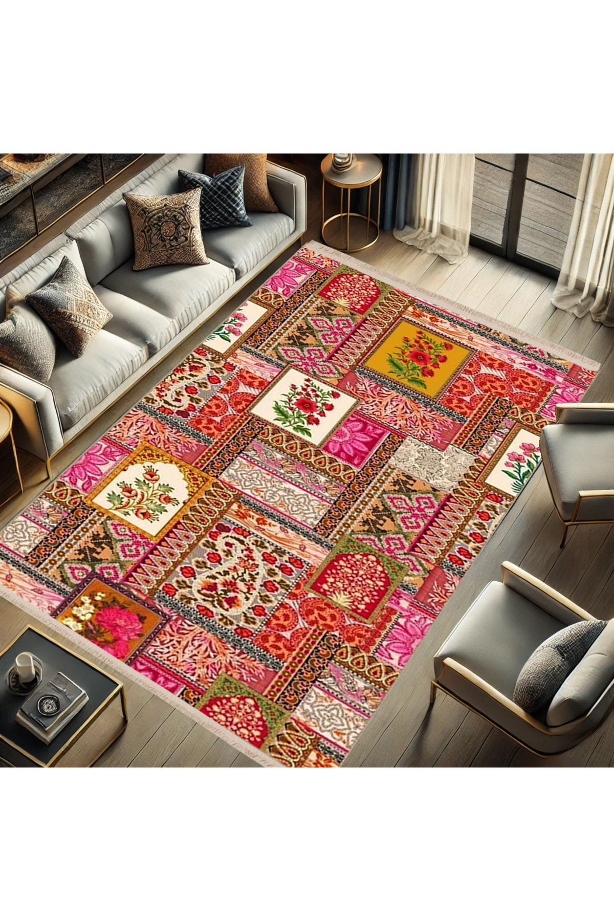 Kuvars Koleksiyonu Pembe Tema Çok Renkli Vintage Desenli Dokuma Taban Etnik Dekoratif Halı kuvars21