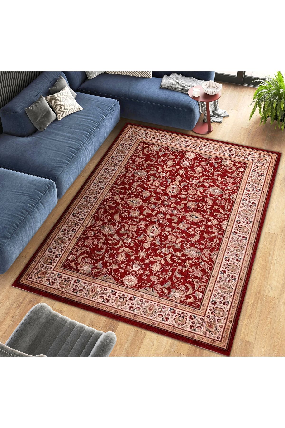 Kuzey Koleksiyonu Bej Bordür Detaylı Bordo Etnik Desenli Dokuma Taban Dekoratif Halı kuzey35