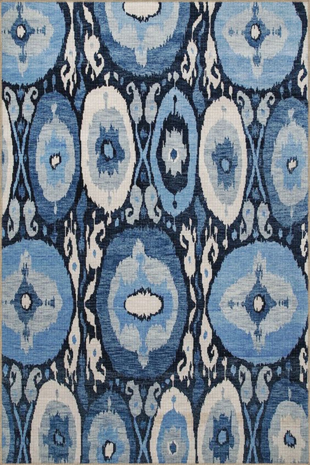 Yuvarlak Temalı Beyaz ve Mavi Baklavalı Dekoratif ve Dokuma Taban Halı 4325