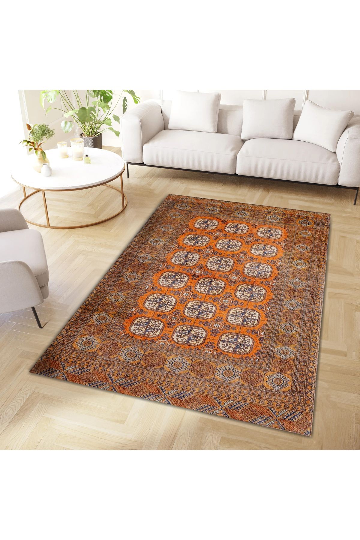 Asena Koleksiyonu Kahve ve Turuncu Temalı Etnik Figür Motifleri Desenli Vintage Dekoratif Halı 15