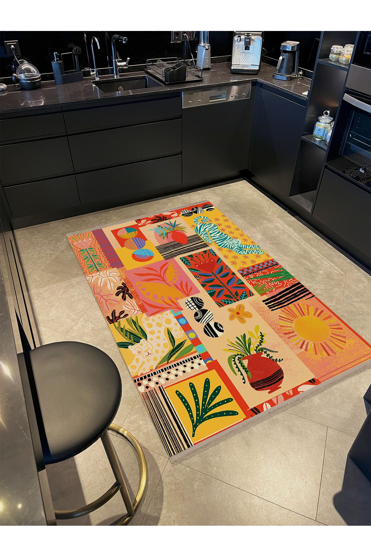 Özge Koleksiyonu Çok Renkli Kaplan Vazo Çiçek Desenli Dokuma Taban Modern Dekoratif Halı özge36