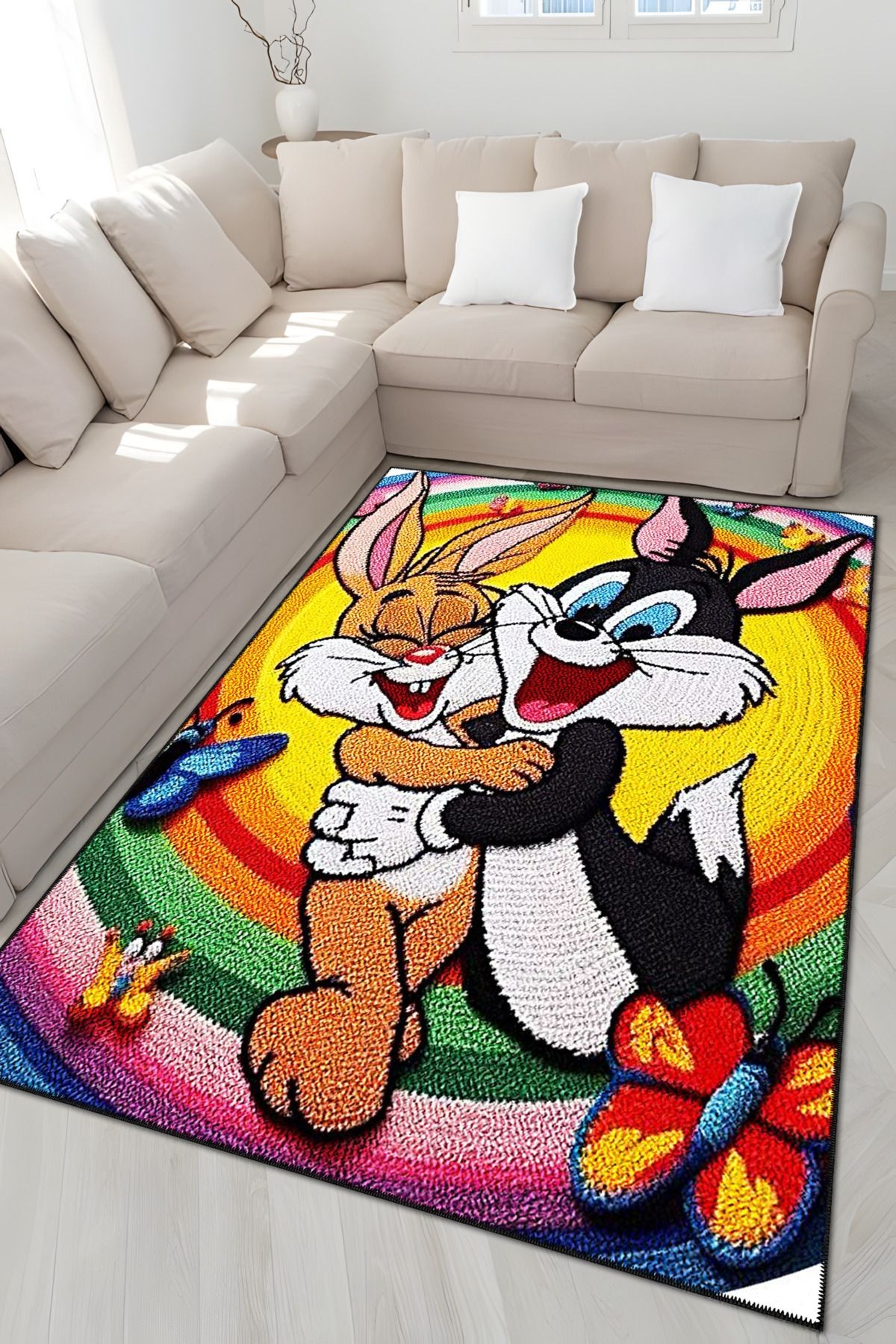 Çizgi Karakter Tema Çok Renkli Tavşan Bugs Bunny Desenli Kreatif Modern Dekoratif Halı 5101