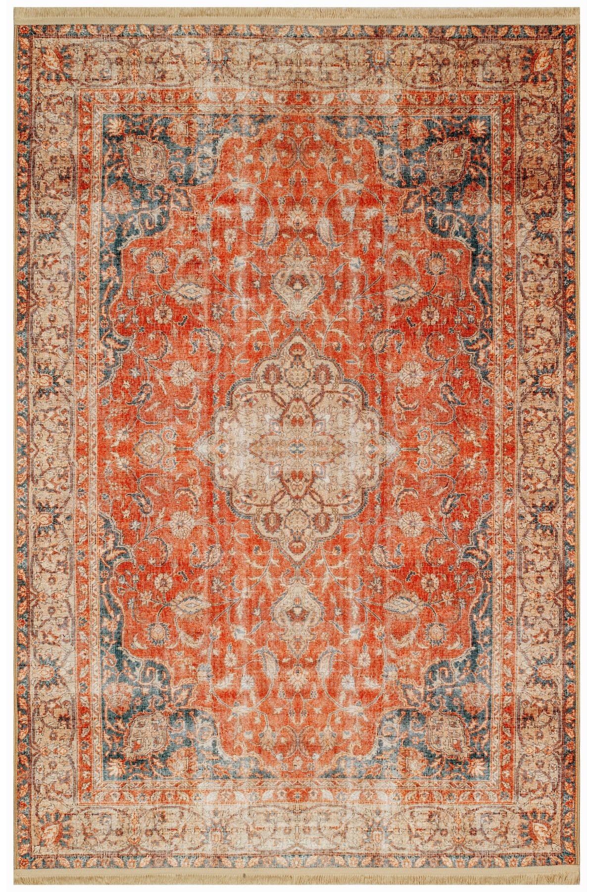 Turuncu Vintage Çok Renkli Desenli Dekoratif Halı 1724