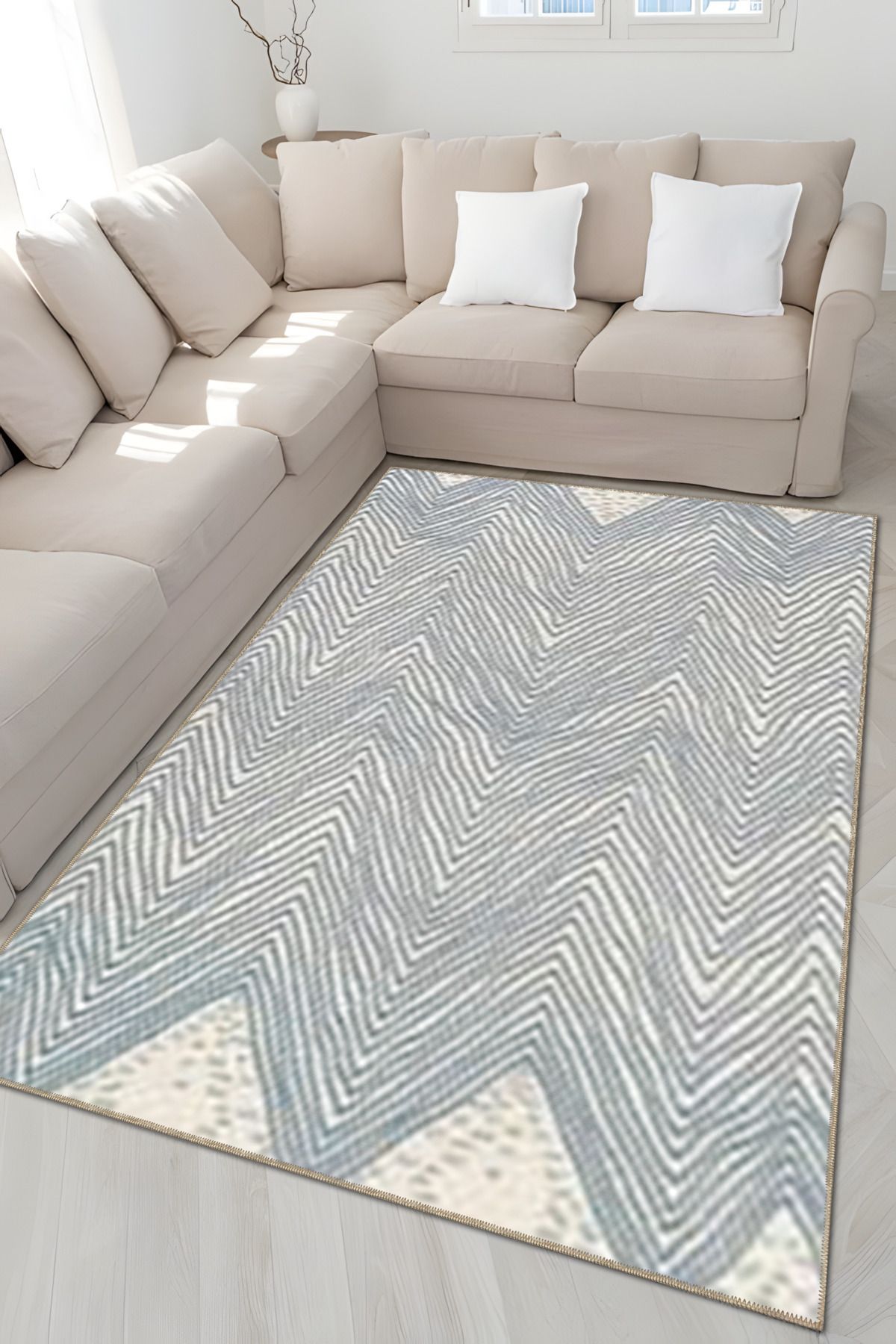 Gri Temalı Zik Zak Geometrik Desenli Kreatif Modern Dekoratif Halı 5049