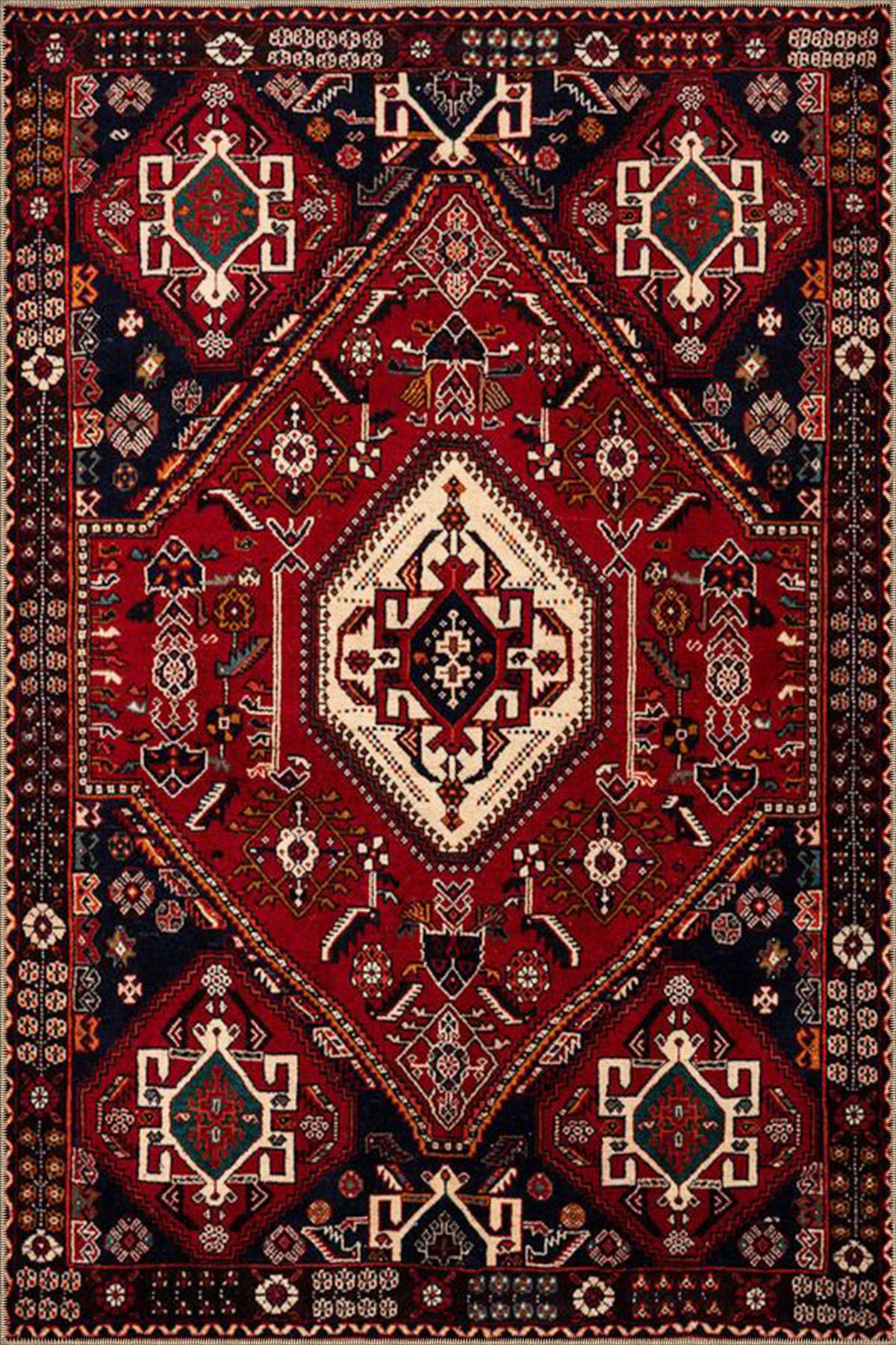 Kapalı Kırmızı Çiçekli Geometrik Geleneksel Desenli Kreatif Dokuma Taban Halı miravip131