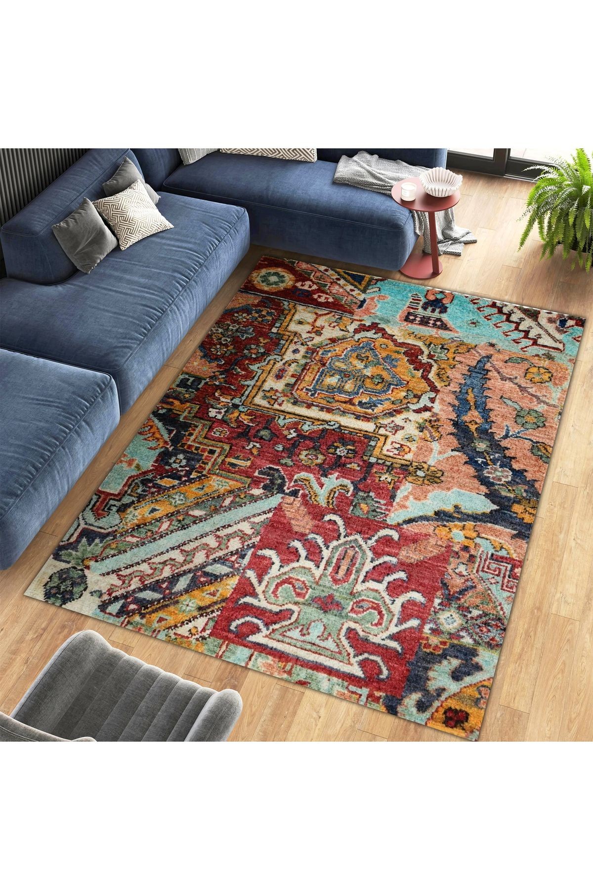 Asena Koleksiyonu Çok Renkli Soyut Geleneksel Desenli Vintage Dekoratif Halı 21