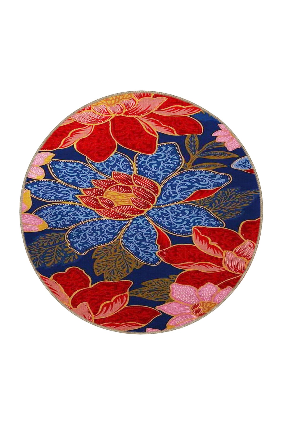 Mavi Kırmızı Temalı Çiçek Desenli Kreatif Modern Dekoratif Halı 3654