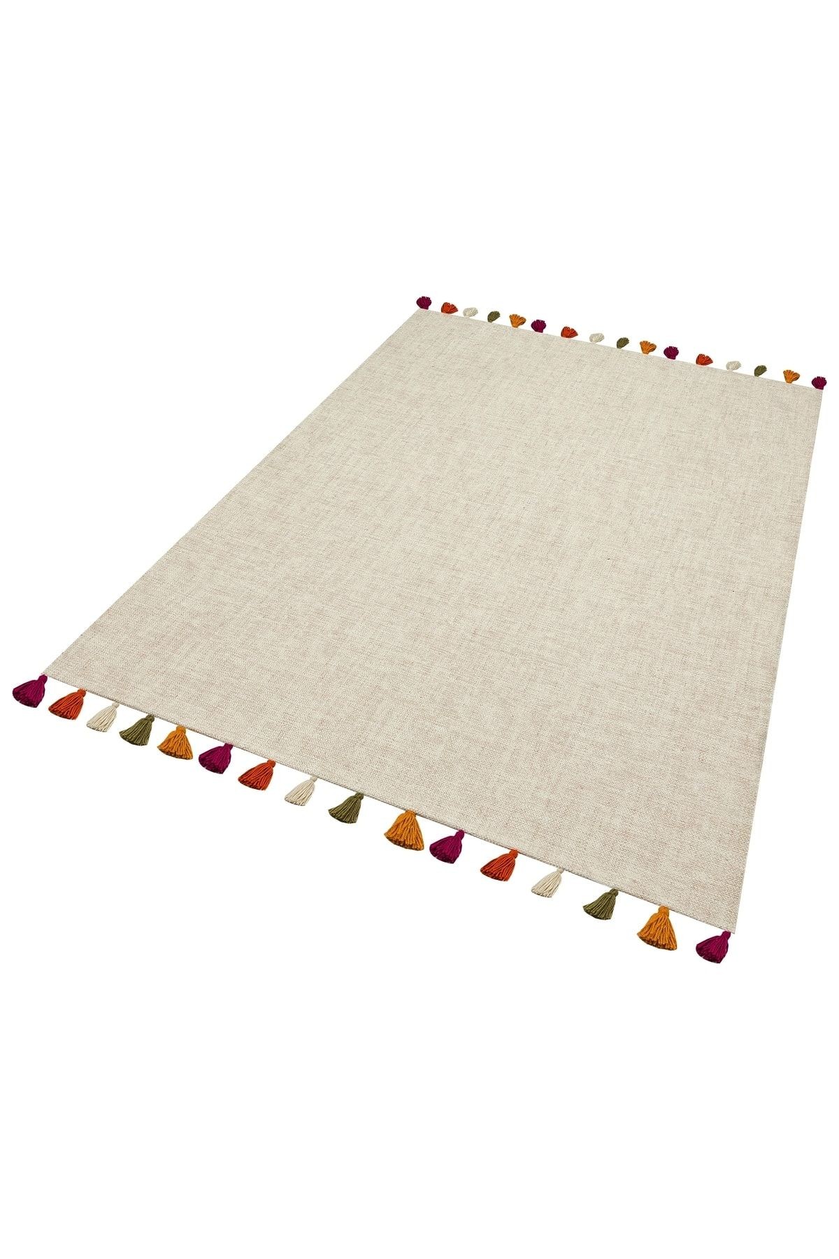 Moroccan 9003 Bej Renkli Püsküllü Bohomian Ve Modern Kilim
