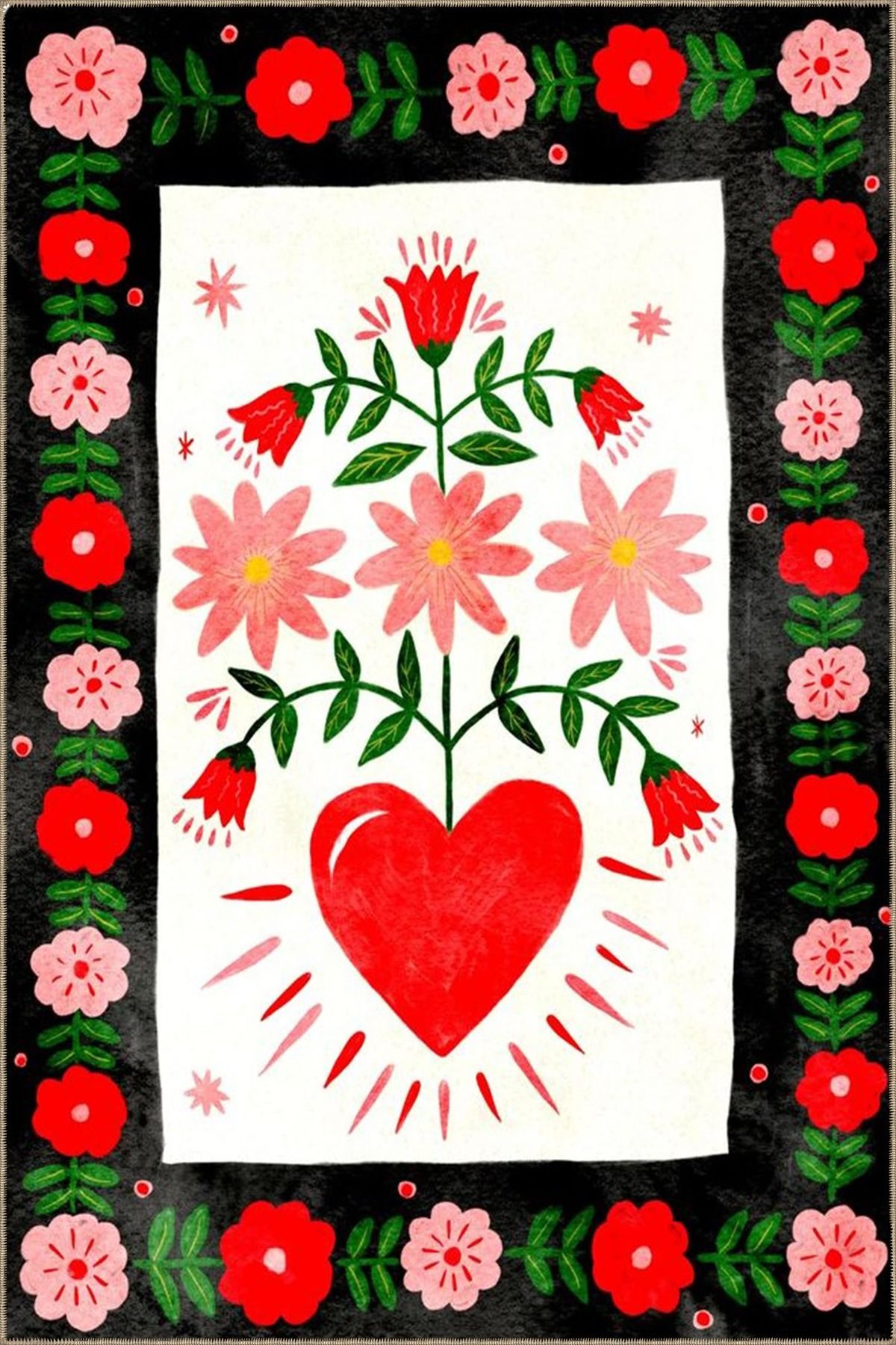 Siyah Beyaz Tonlarda Kalp ve Çiçek Desenli Halı 3720