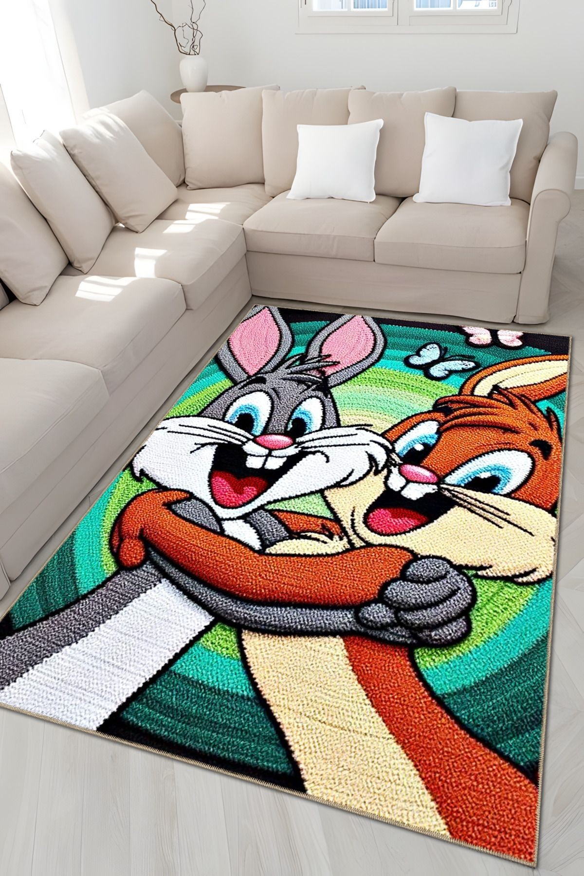 Çok Renkli Sevimli Tavşanlar Bugs Bunny Desenli Kreatif Modern Dekoratif Halı 5105