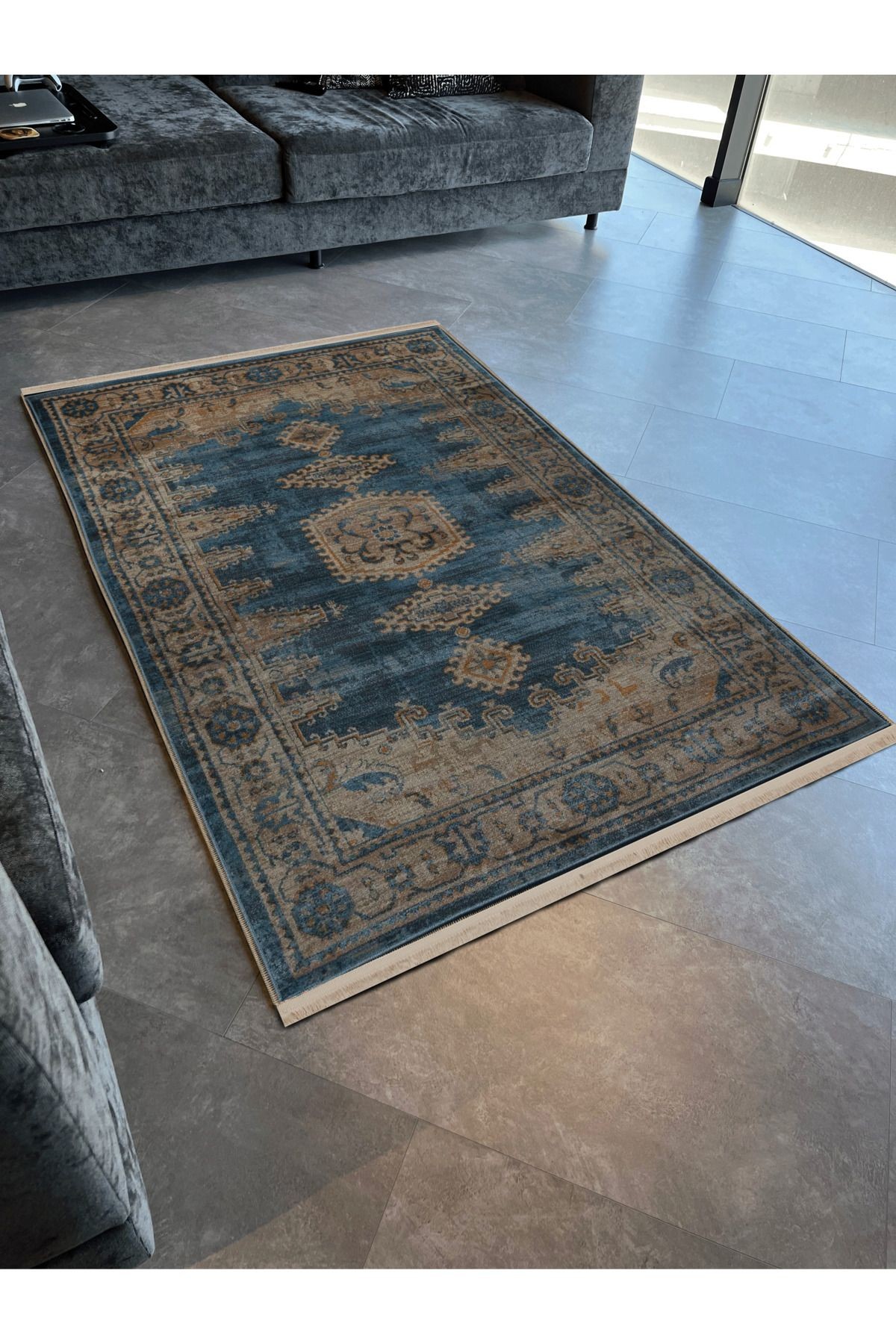 Mavi Sarı Temalı Geleneksel Motif Desenli Kreatif Vintage Dekoratif Halı 2844