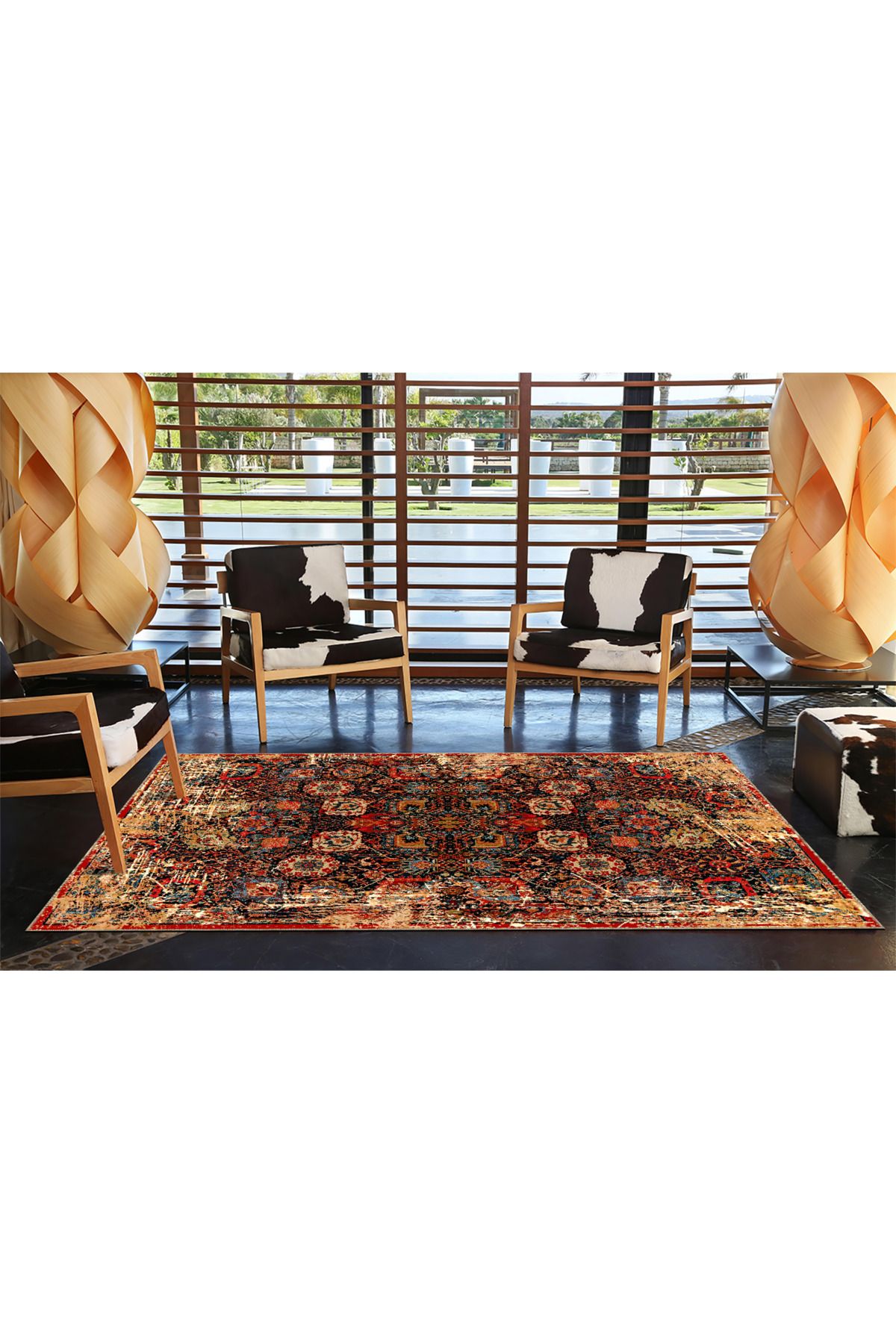 Turuncu ve Karışık Renkli Çiçekli Floral Geometrik Modern Dekoratif Halı miravip206