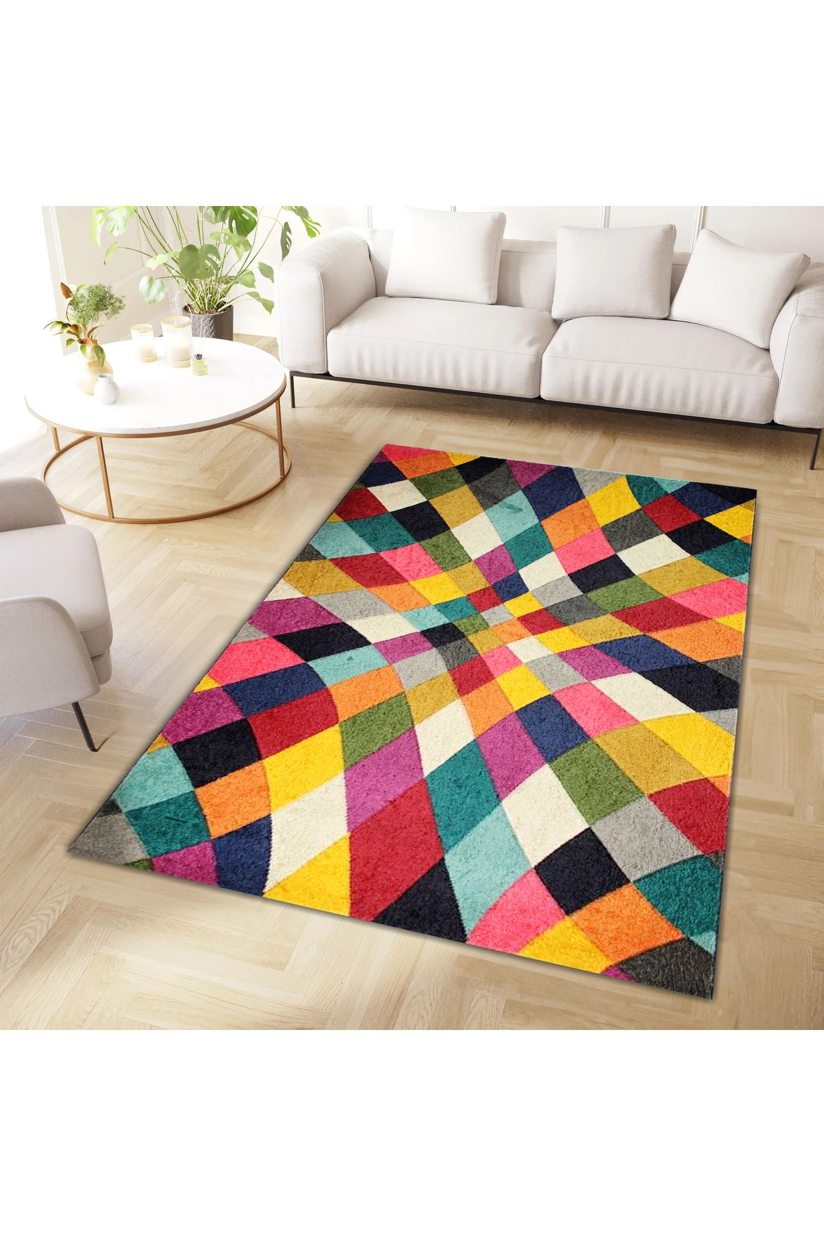 Kuzey Koleksiyonu Çok Renkli Şekiller Dokuma Taban Dekoratif Halı kuzey06