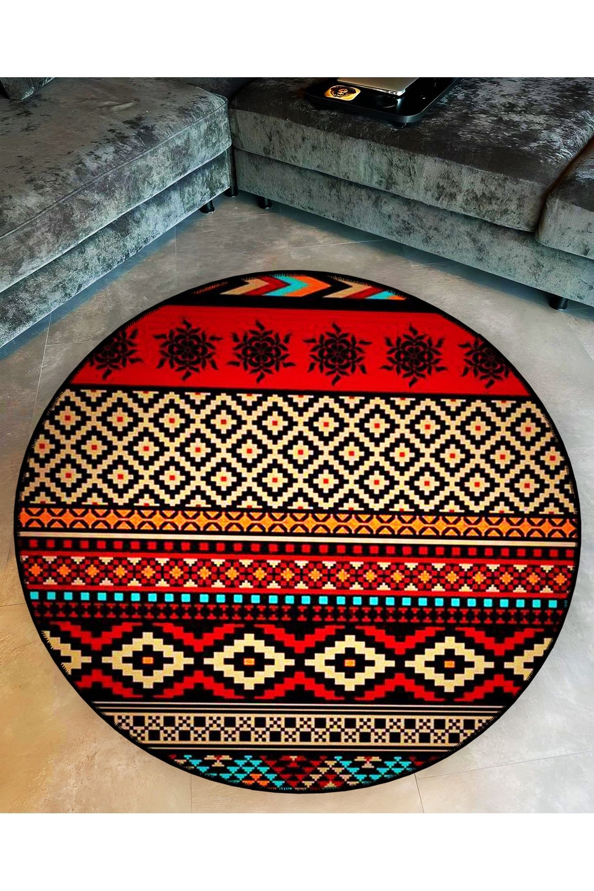Mira Yuvarlak Kırmızı Siyah Etnik Desen Detaylı Dokuma Taban Modern Dekoratif Halı 5785