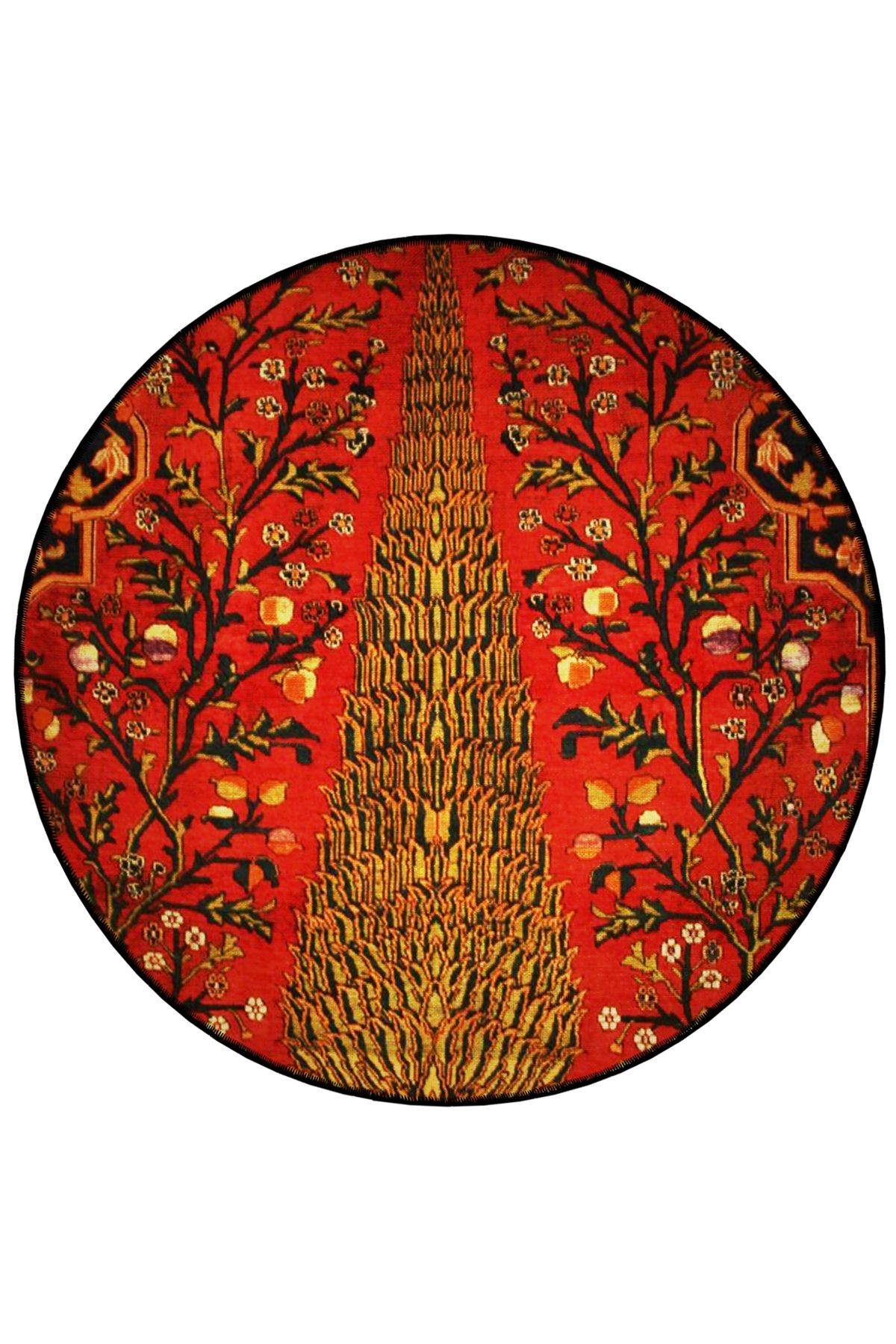 Kırmızı Temalı Çiçek Motifleri Desenli Yuvarlak Dokuma Taban Vintage Dekoratif Halı 6168