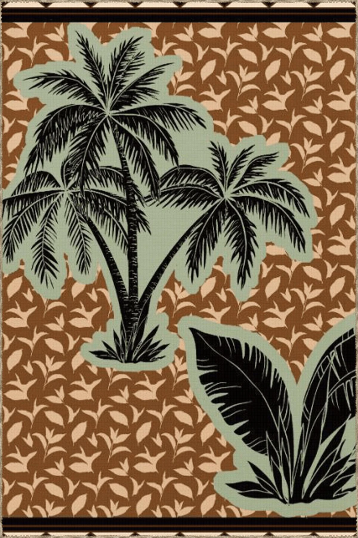 Kahverengi Temalı Tropikal Palmiye Ağacı Desenli Modern Dekoratif Halı 3815