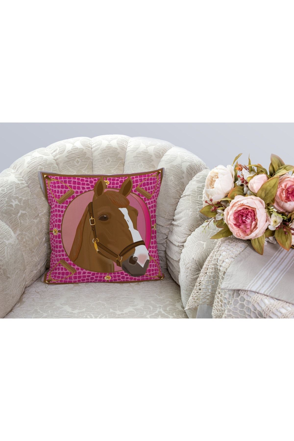 Kırlent Pembe Kahve Rengi At Ve Üzengi Temalı Pillow49