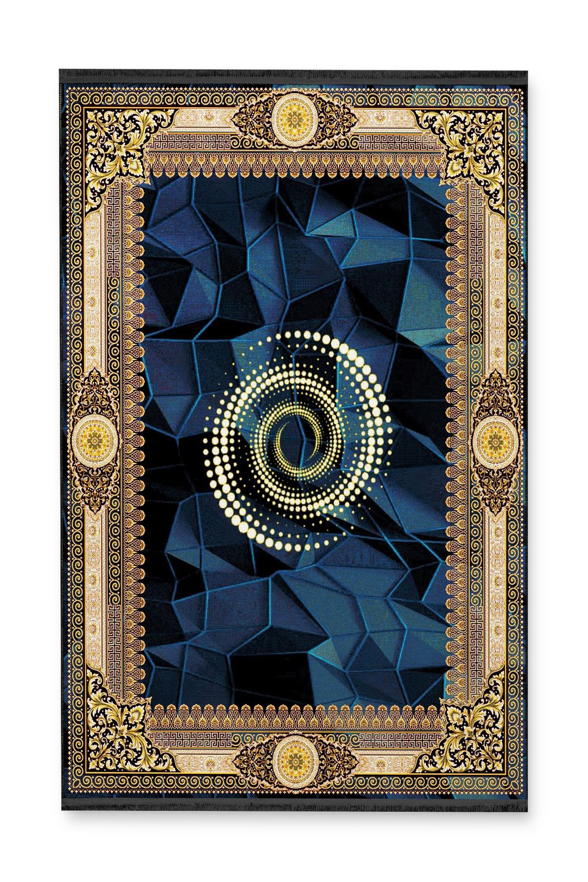 Sarı Bordür Detaylı Desenli Lacivert Şekilli Antik Tasarım Serisi Dekoratif Halı antik162