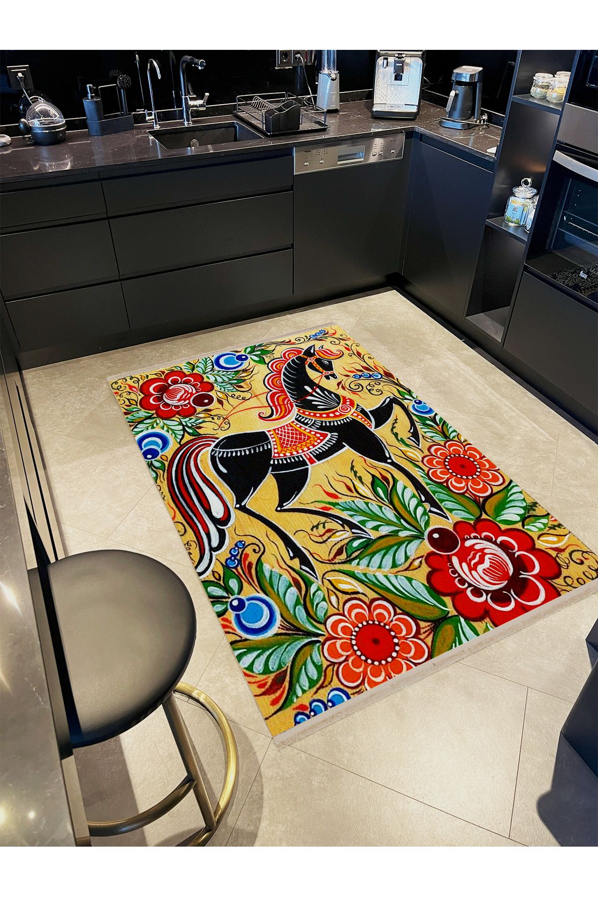 Yılmaz Koleksiyonu Çok Renkli Asil At ve Çiçek Figürleri Desenli Kreatif Modern Dekoratif Halı 07