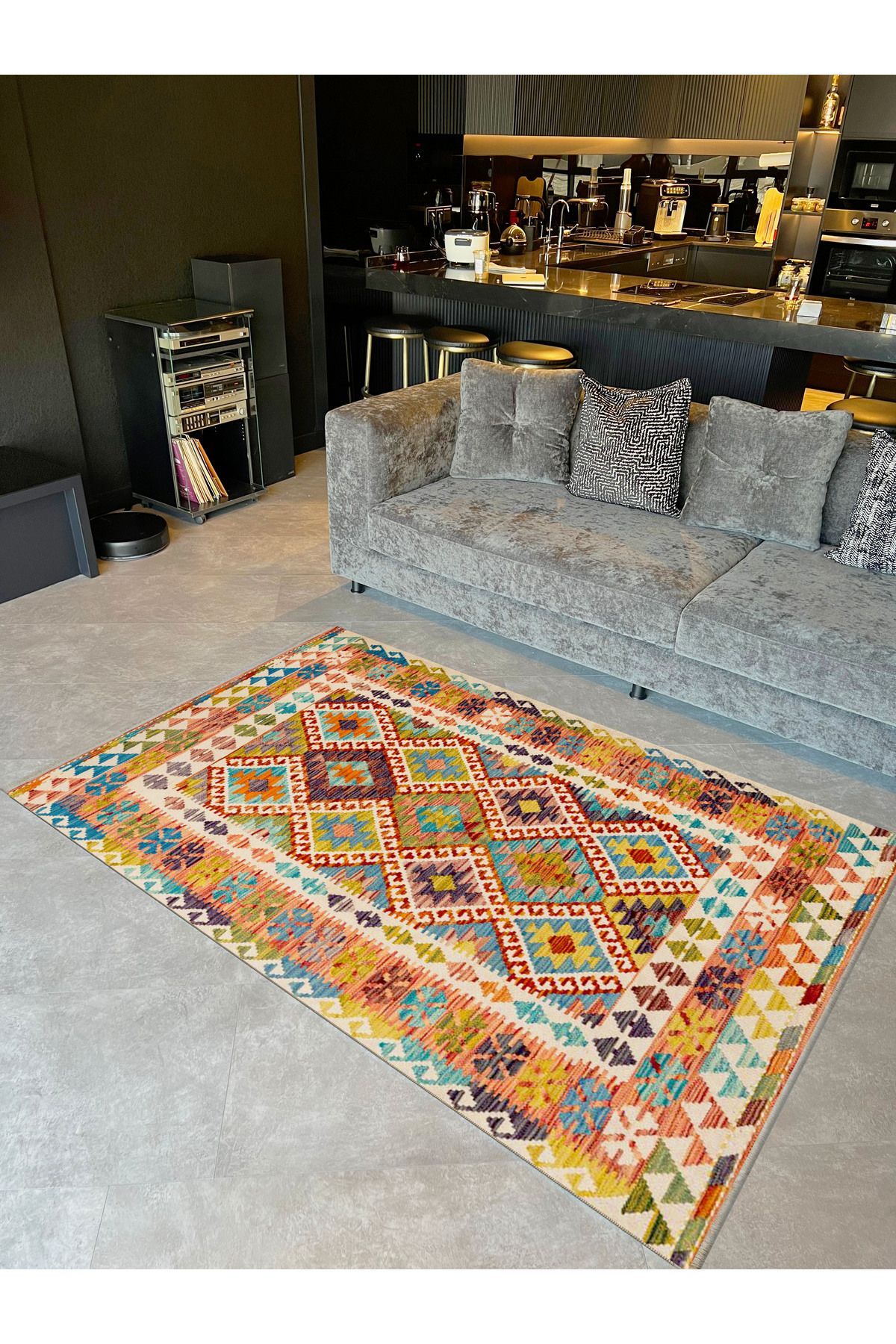 İnci Koleksiyonu Çok Renkli Etnik Geleneksel Desenli Dokuma Taban Vintage Dekoratif Halı inci05