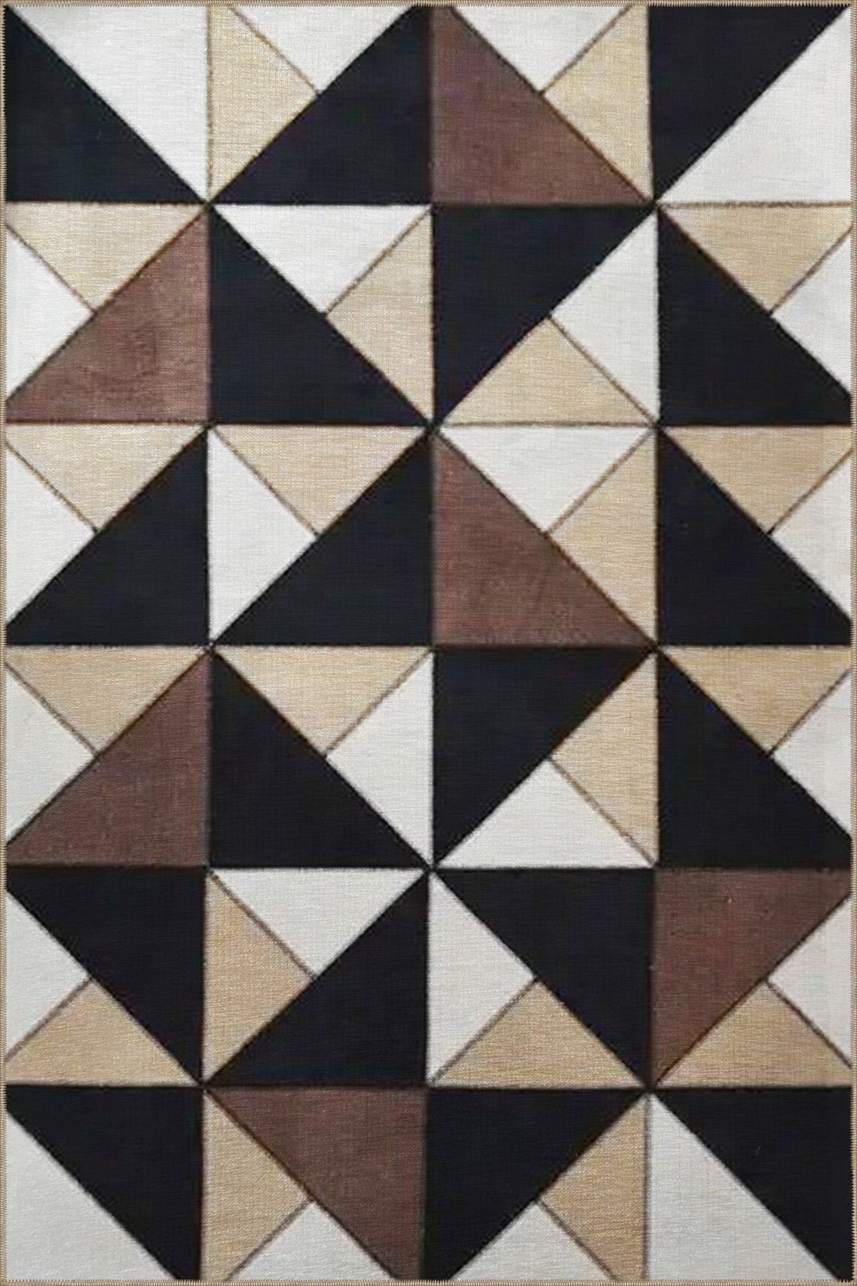 Siyah Bej Temalı Üçgen Geometrik Desenli Kreatif Modern Dekoratif Halı 3459