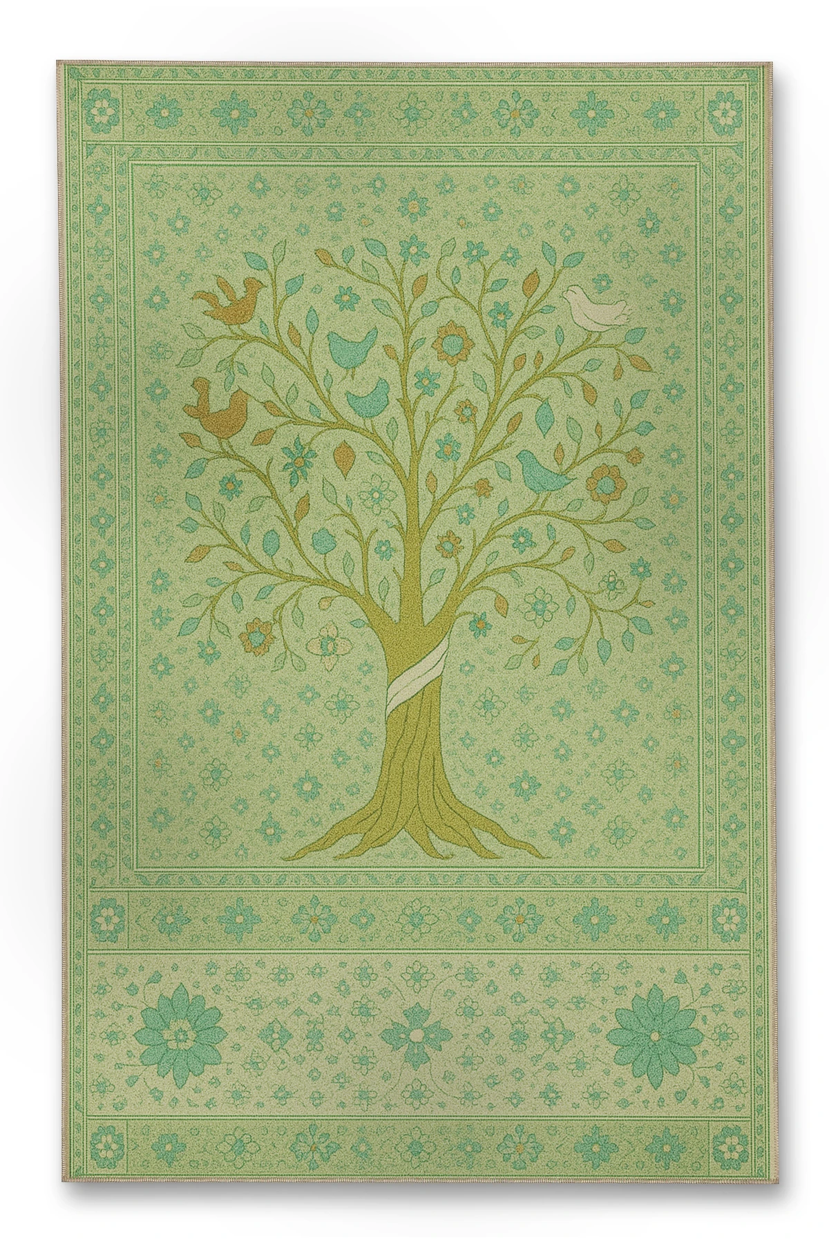 MOSSO Yeşil Temalı Motifli ve Ağaç Desenli Dokuma Taban Modern Dekoratif Halı mosso355