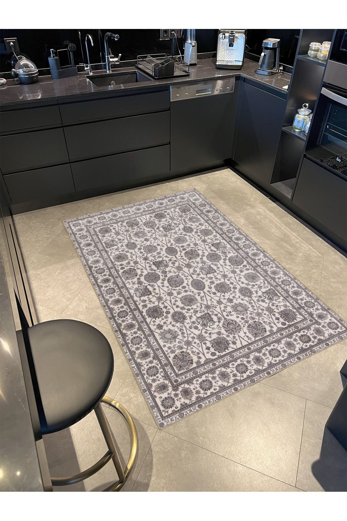 Gri Bej Temalı Etnik Floral Çiçek Desenli Vintage Dekoratif Halı 3861