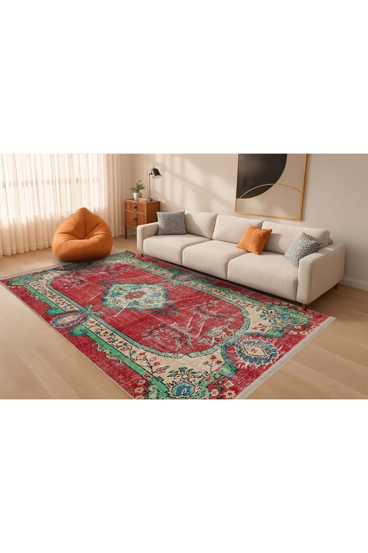 Memlük Koleksiyonu Kırmızı Yeşil Temalı Etnik Vintage Desenli Dokuma Taban Dekoratif Halı memlük09