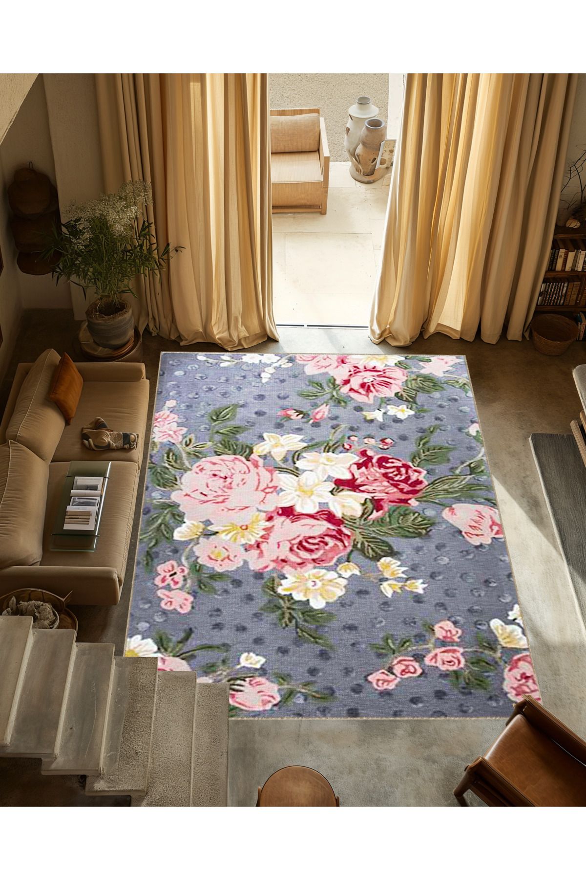 Çok Renkli Pembe Gül Desenli Modern Dekoratif Halı 3346