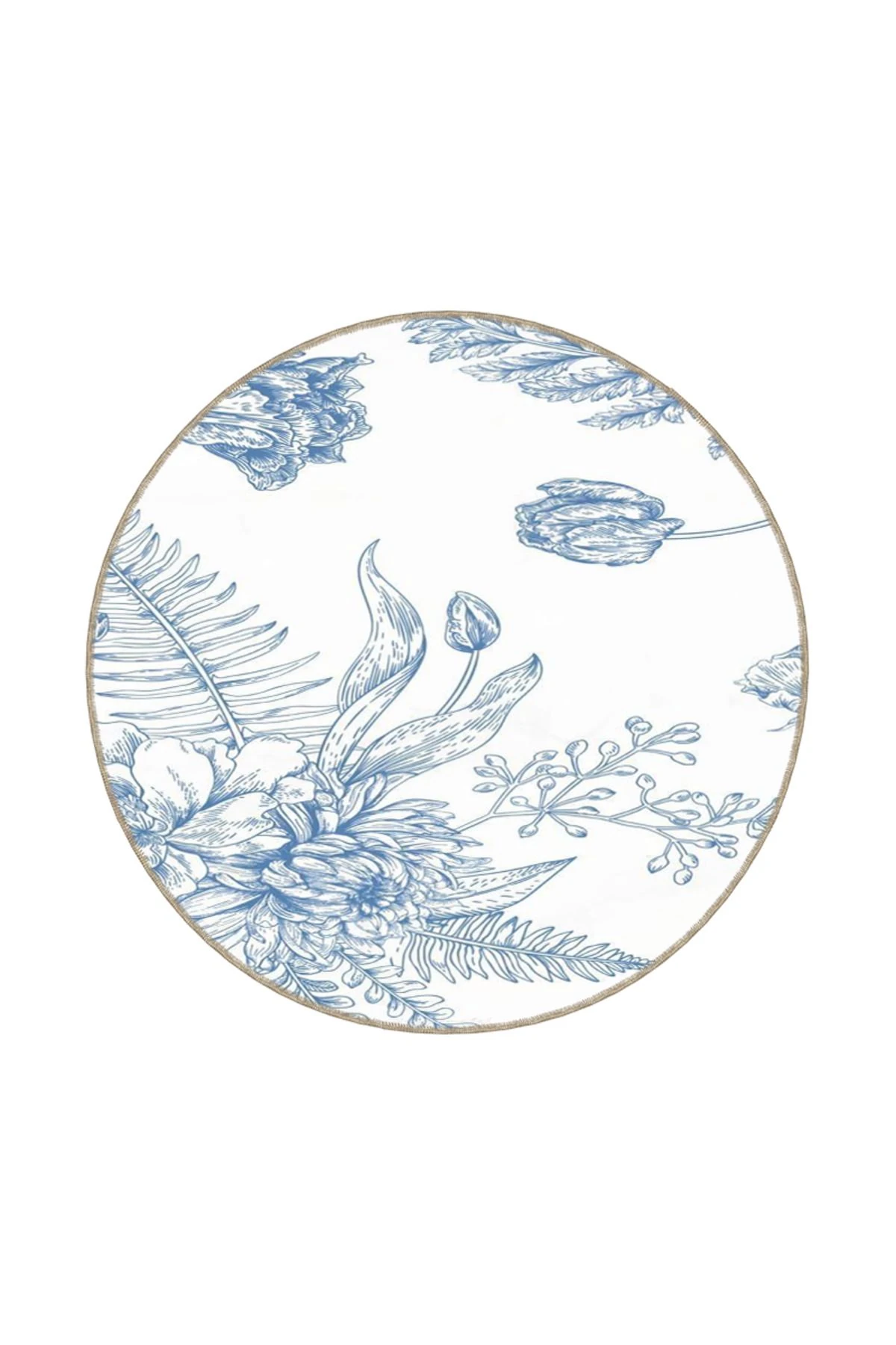 Beyaz Temalı Mavi Çiçekli Çizgili Desenli Dokuma Taban Halı ve Yıkanabilir Halı miravip9922