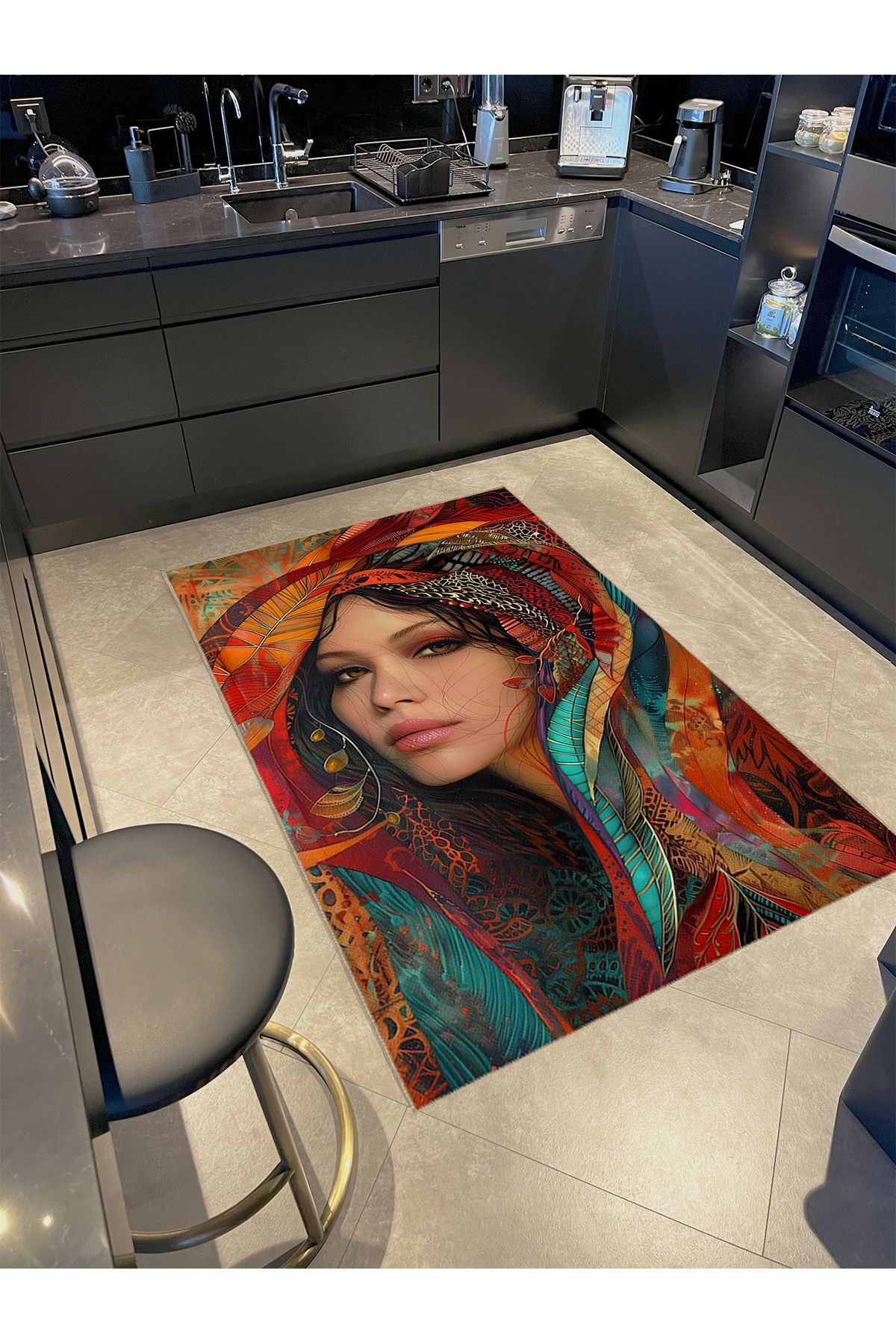 Buse Koleksiyonu Çok Renkli Desenler ve Kadın Yüzü Dokuma Taban Modern Dekoratif Halı buse04