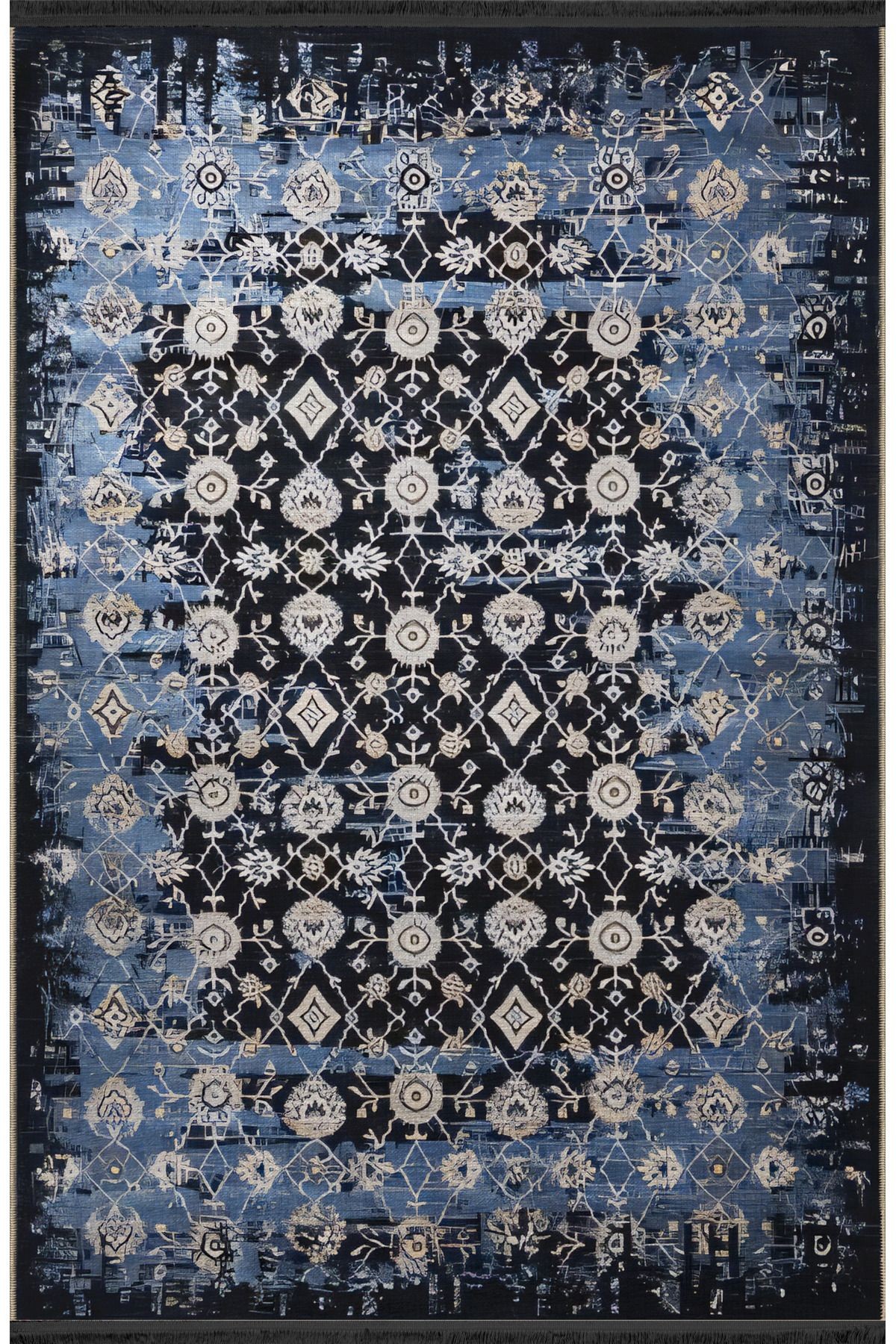 Siyah Lacivert Temalı Motifli Etnik Çiçek Desenli Kreatif Vintage Dekoratif Halı 2450