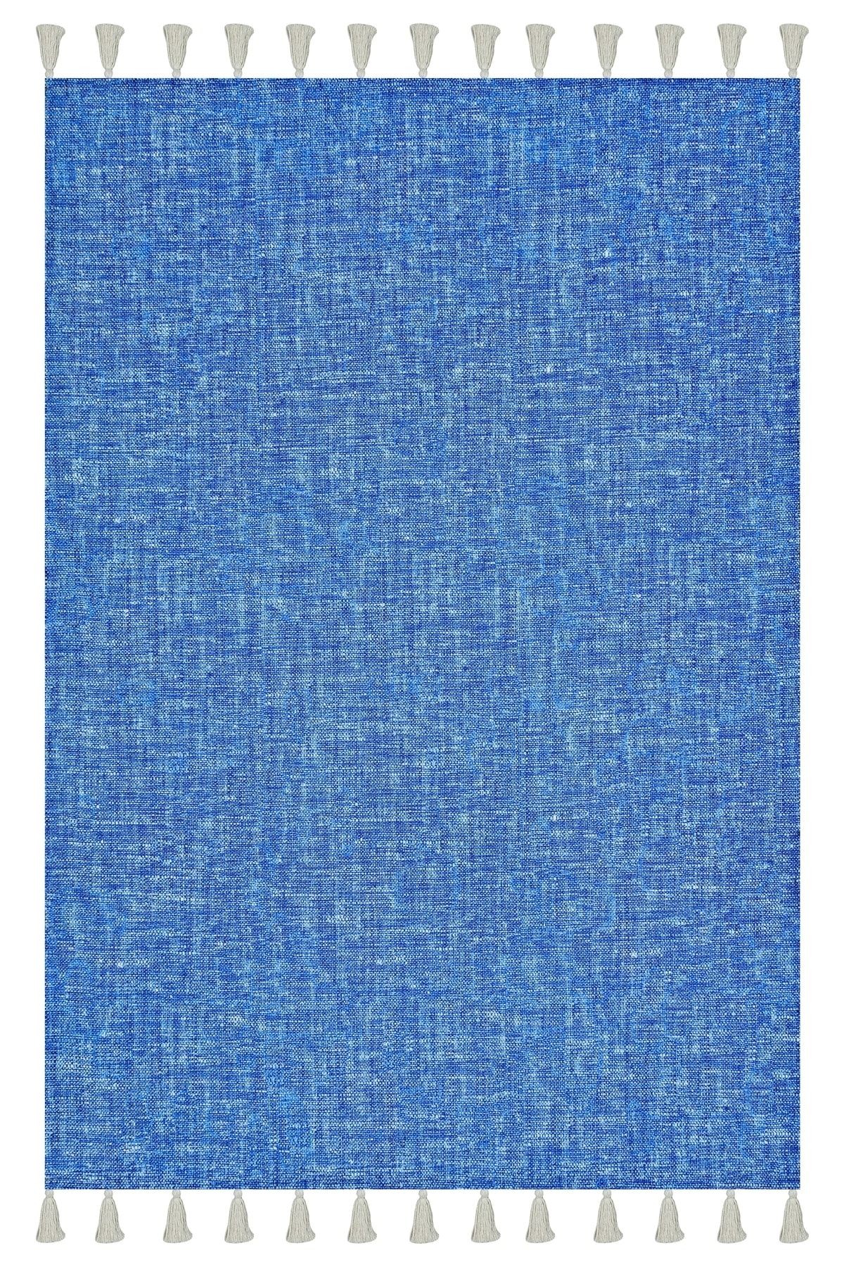 Moroccan 9004 Alaçatı Mavisi Beyaz Püsküllü Bohomian Ve Modern Kilim