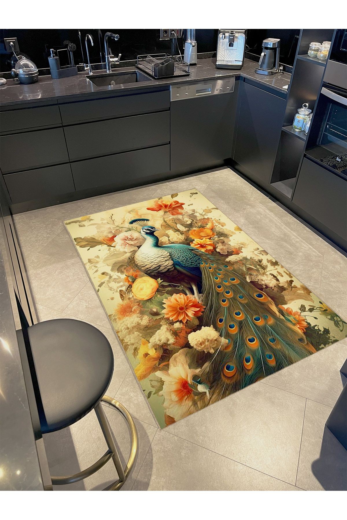 Buse Koleksiyonu Sarı Temalı Çok Renkli Tavus Kuşu Desenli Dokuma Taban Modern Dekoratif Halı buse08