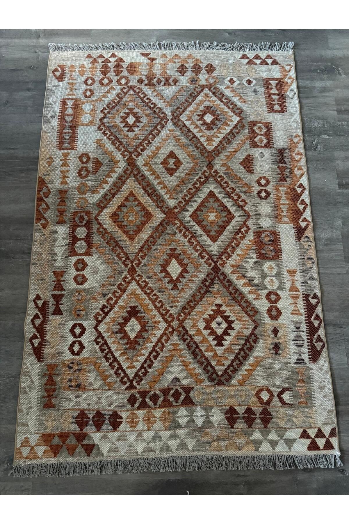Cotton Pamuklu Çok Renkli Kiremit Tonlarda Otantik Desenli Kilim 501
